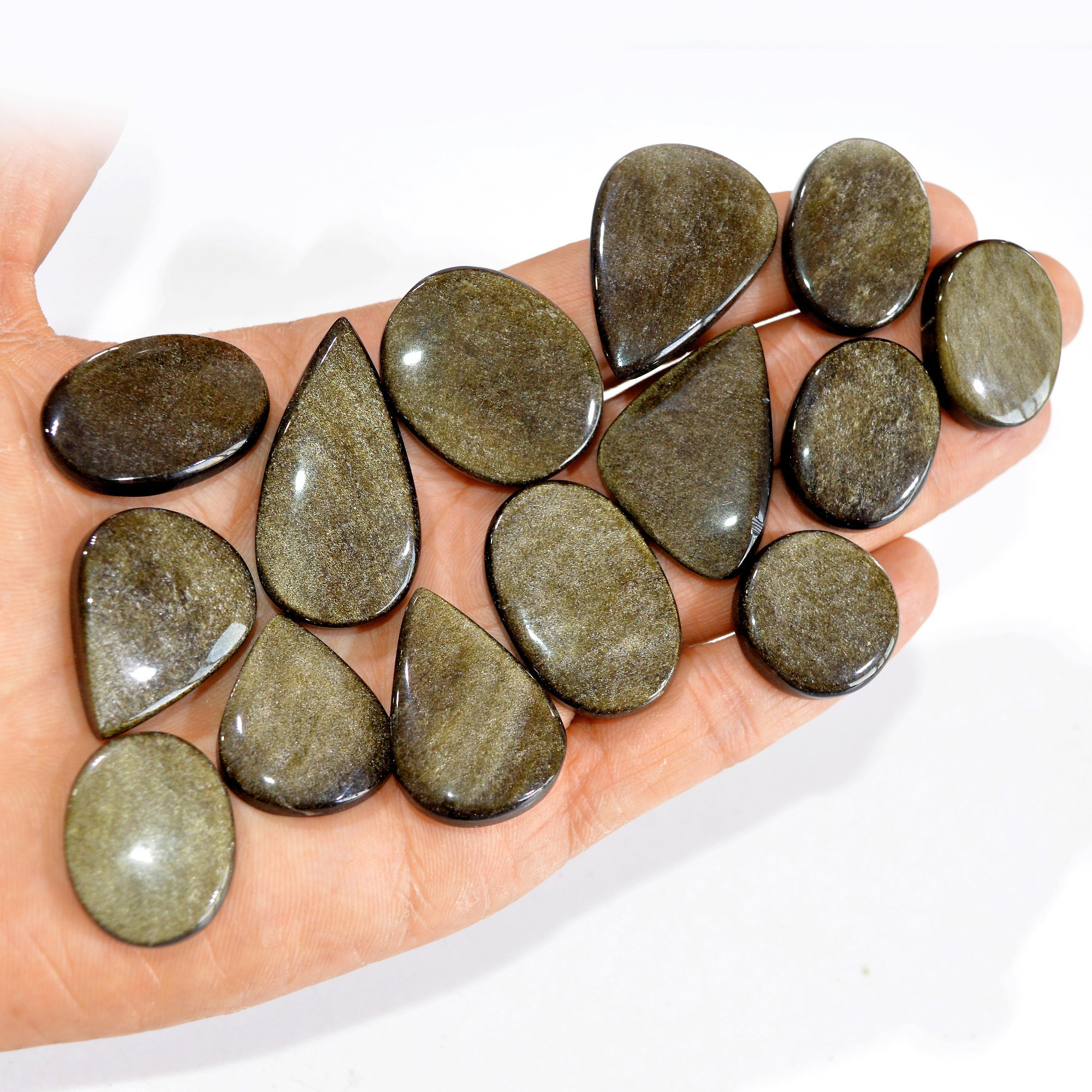 14 Pcs 454 cts Natural Silver Obsidian Cabochon Gemstone Lot Wholesale Loose Gemstone For Jewelry Making 37X25-26X20mm R-15060