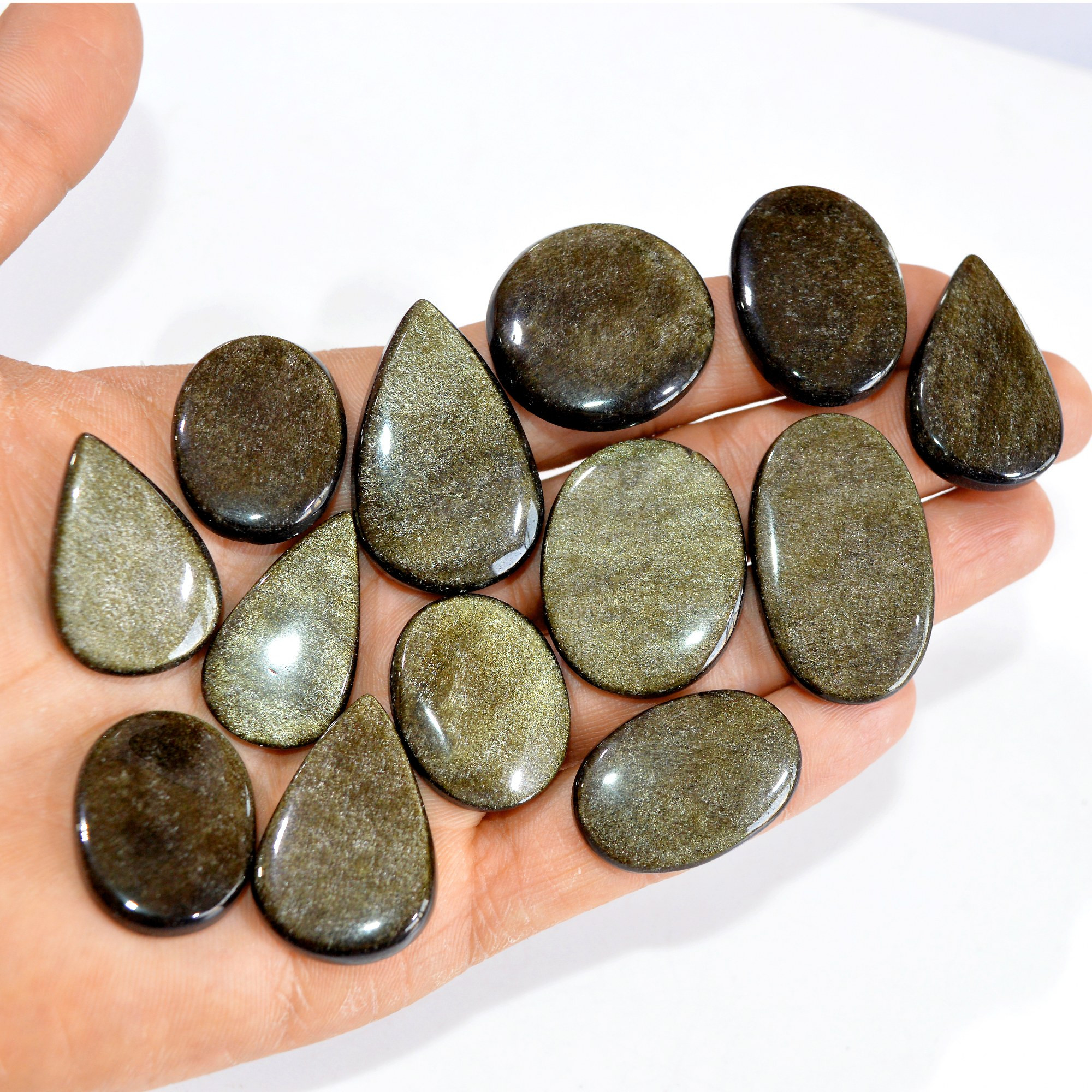13 Pcs 381 cts Natural Silver Obsidian Cabochon Gemstone Lot Wholesale Loose Gemstone For Jewelry Making 37X23-29X19mm R-15062