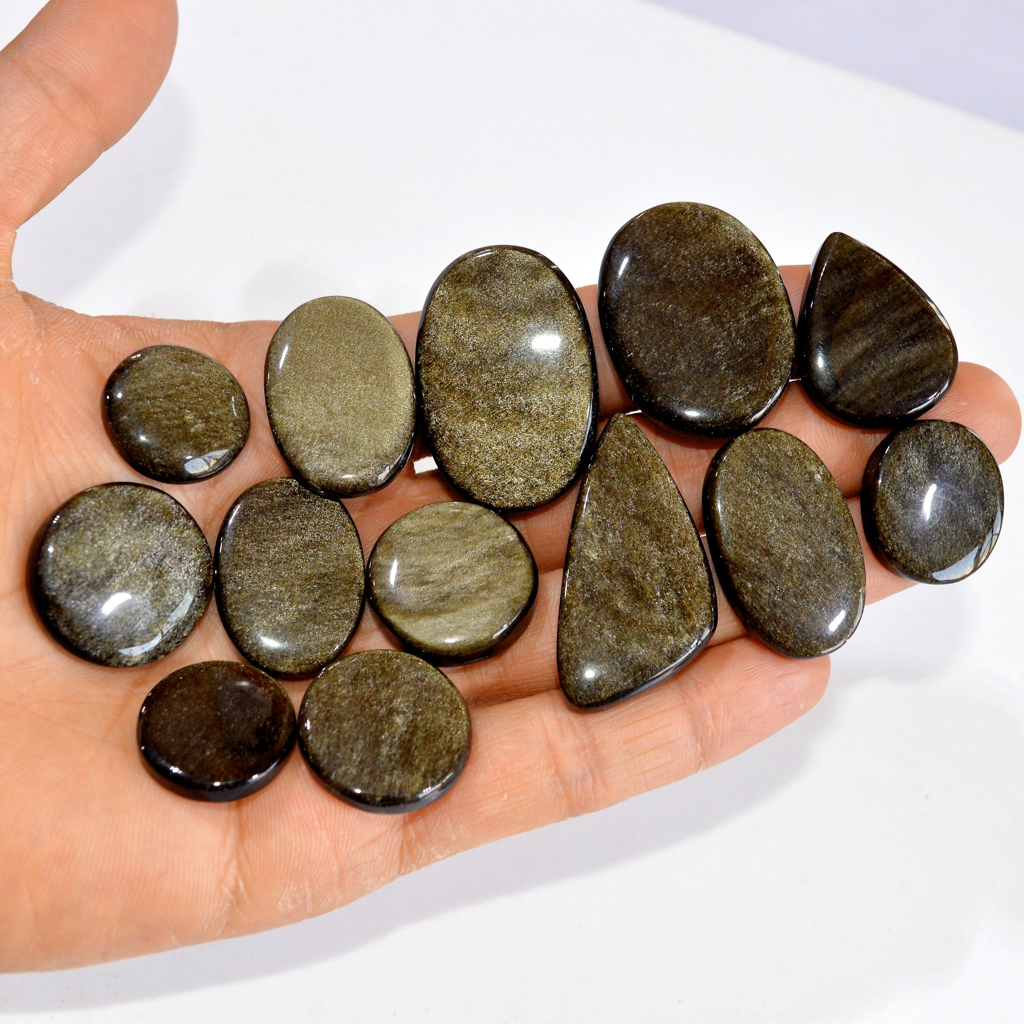 13 Pcs 376 cts Natural Silver Obsidian Cabochon Gemstone Lot Wholesale Loose Gemstone For Jewelry Making 42X21-20X20mm R-15063