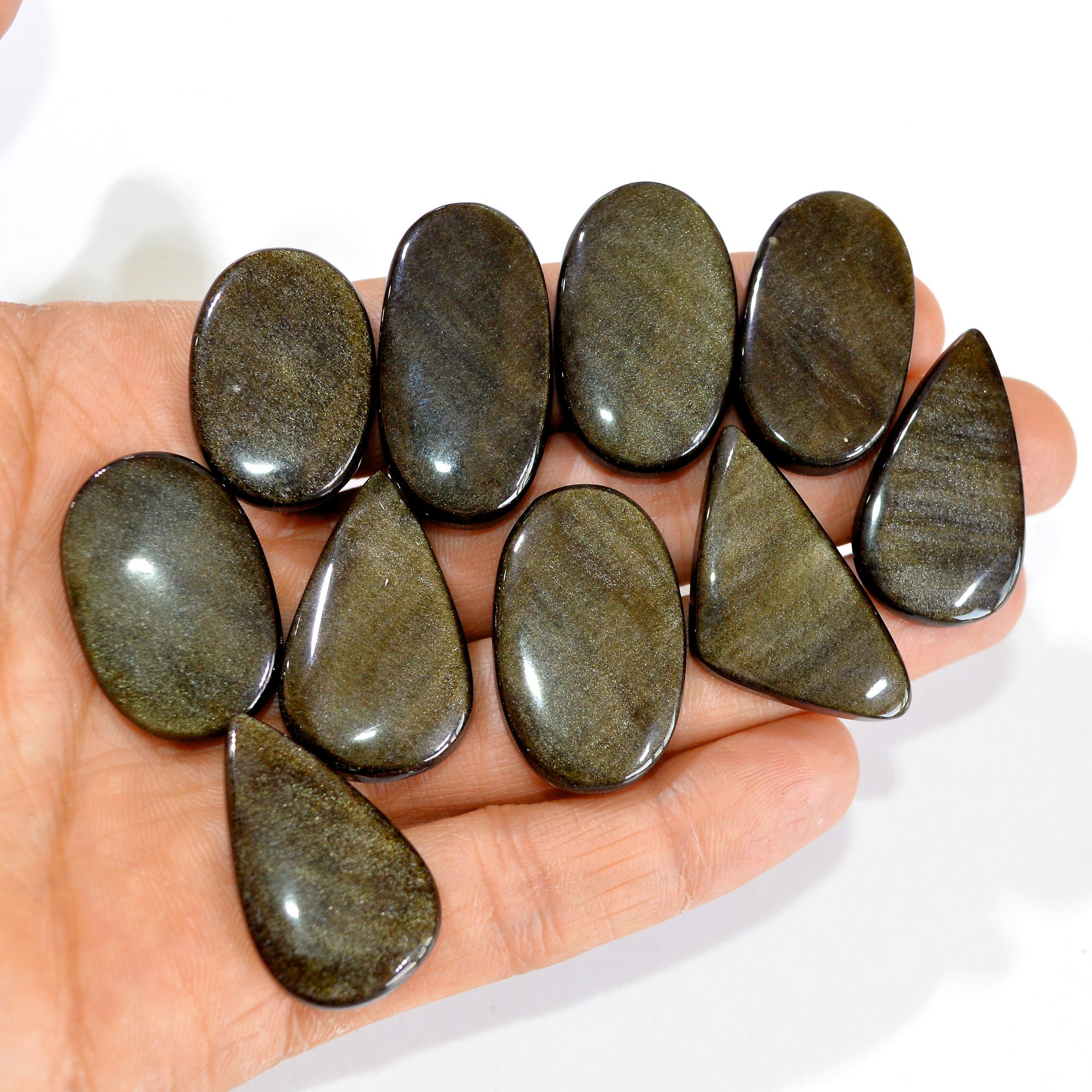 10 Pcs 271 cts Natural Silver Obsidian Cabochon Gemstone Lot Wholesale Loose Gemstone For Jewelry Making 35X18-28X19mm 15064