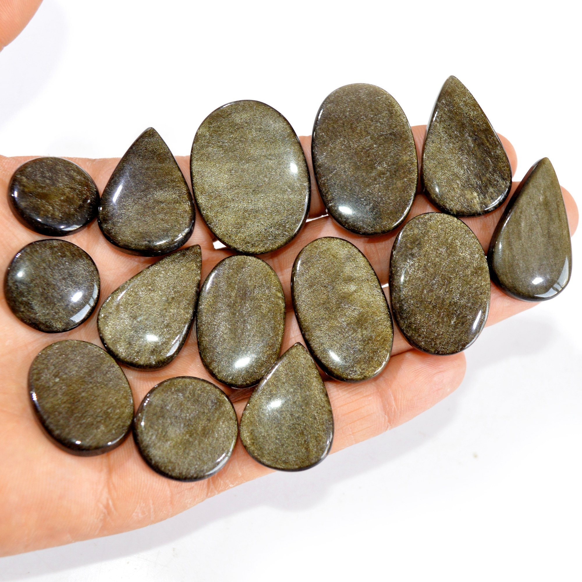 14 Pcs 386 cts Natural Silver Obsidian Cabochon Gemstone Lot Wholesale Loose Gemstone For Jewelry Making 35X27-20X20mm R-15068