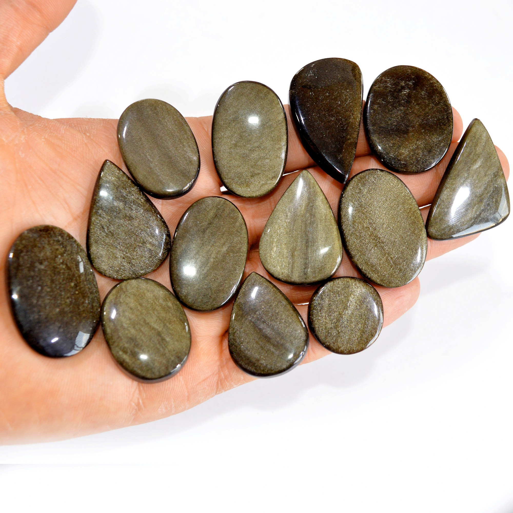 13 Pcs 429 cts Natural Silver Obsidian Cabochon Gemstone Lot Wholesale Loose Gemstone For Jewelry Making 38X24-21X21mm 15069