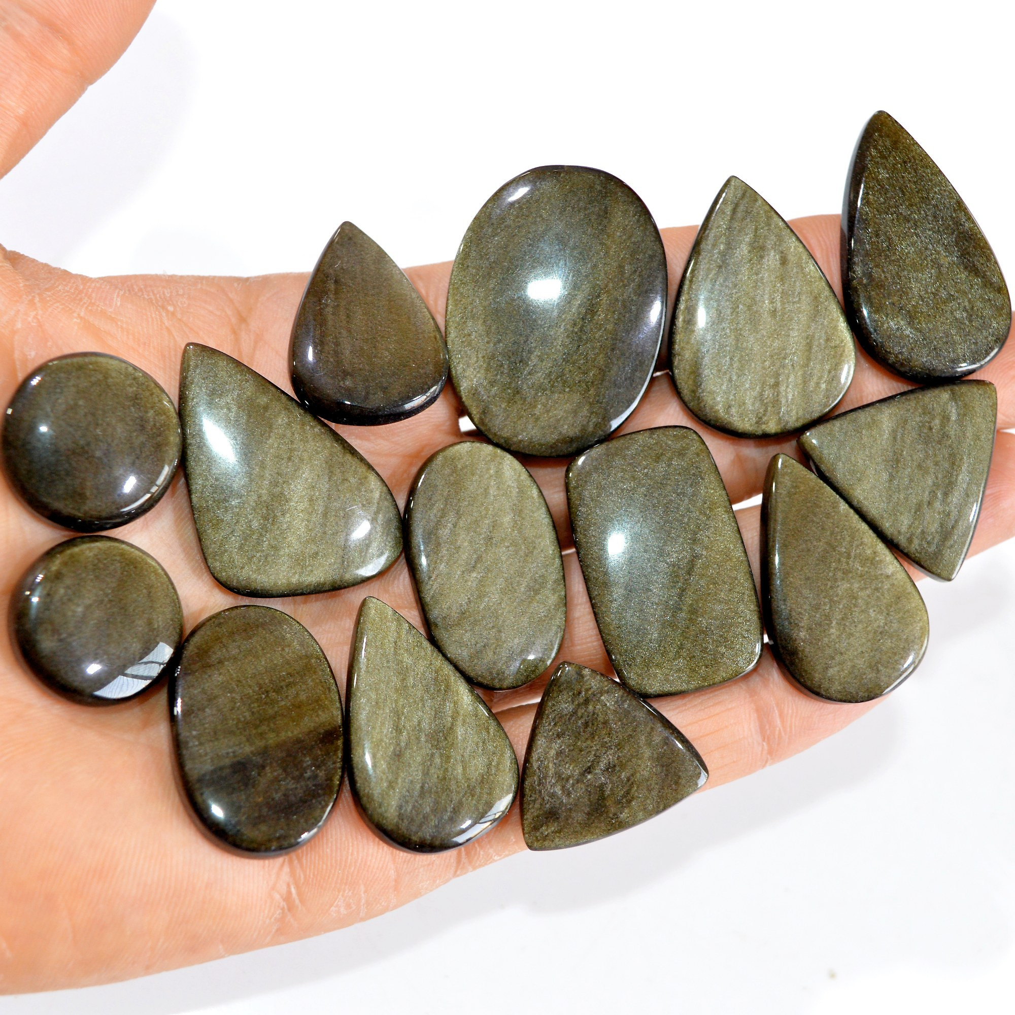14 Pcs 412 cts Natural Silver Obsidian Cabochon Gemstone Lot Wholesale Loose Gemstone For Jewelry Making 38X28-20X20mm 15070