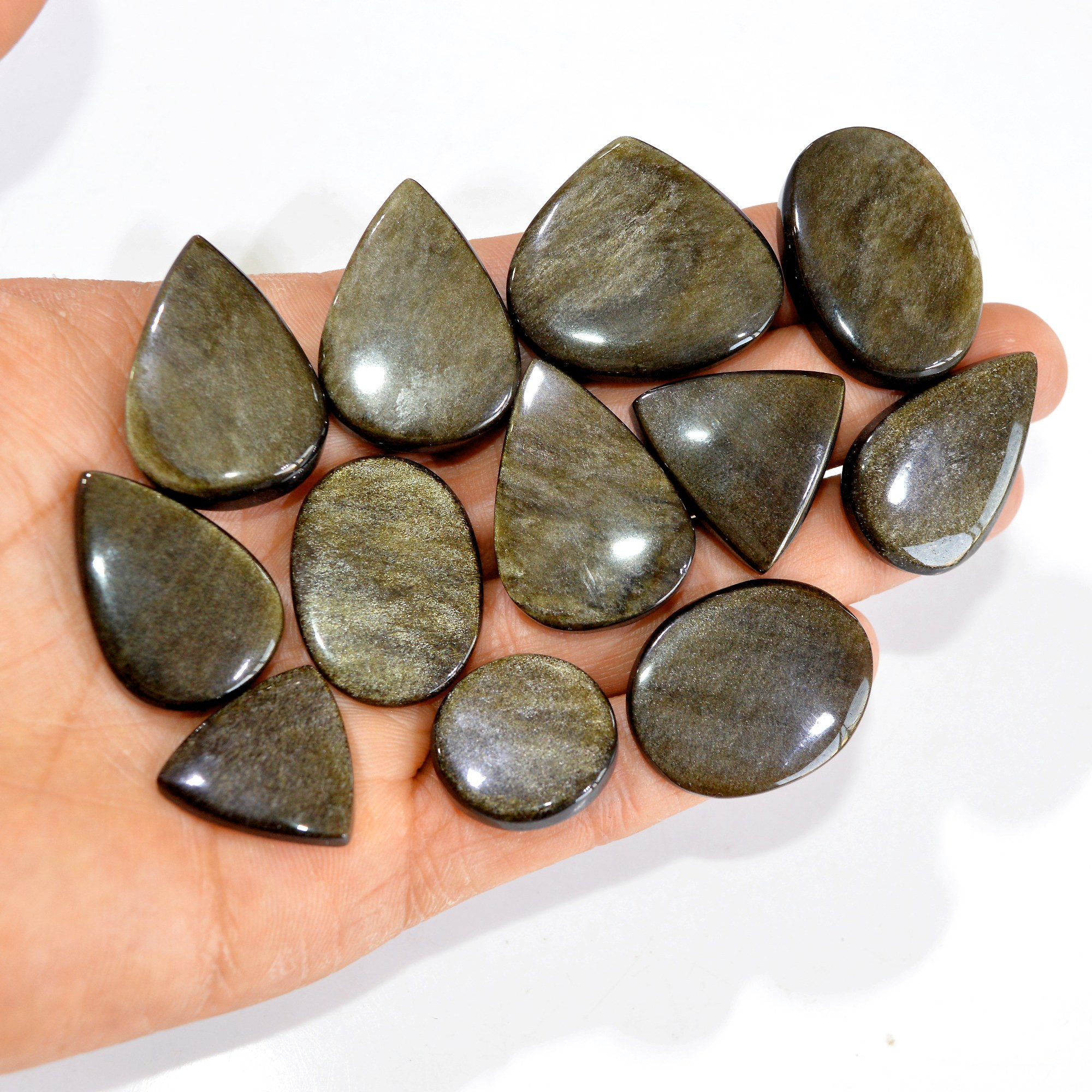 12 Pcs 362 cts Natural Silver Obsidian Cabochon Gemstone Lot Wholesale Loose Gemstone For Jewelry Making 33X30-21X21mm 15071