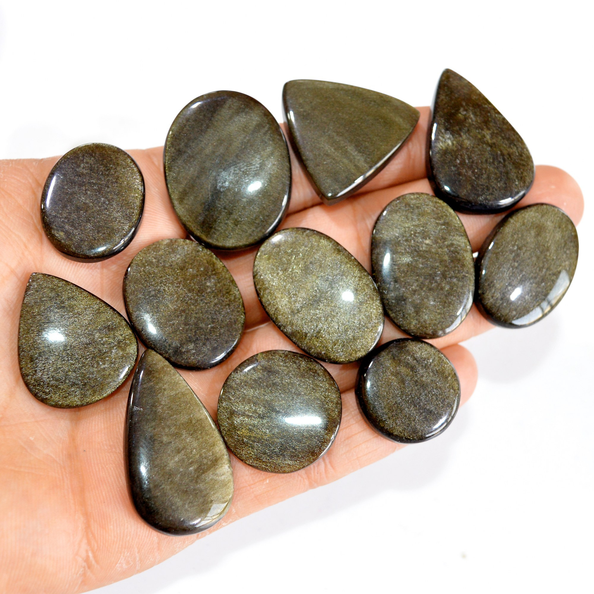 12 Pcs 295 cts Natural Silver Obsidian Cabochon Gemstone Lot Wholesale Loose Gemstone For Jewelry Making 33X25-21X21mm 15072