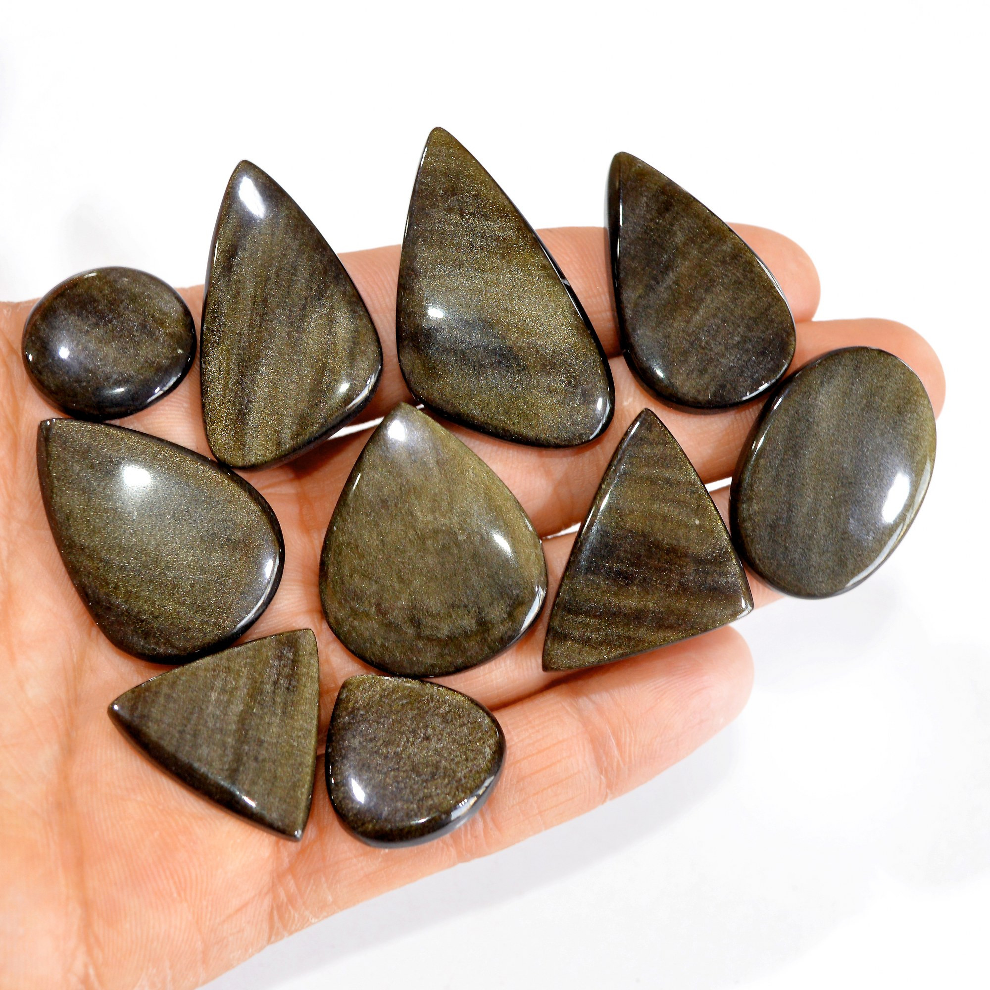 10 Pcs 263 cts Natural Silver Obsidian Cabochon Gemstone Lot Wholesale Loose Gemstone For Jewelry Making 42X23-20X20mm 15073
