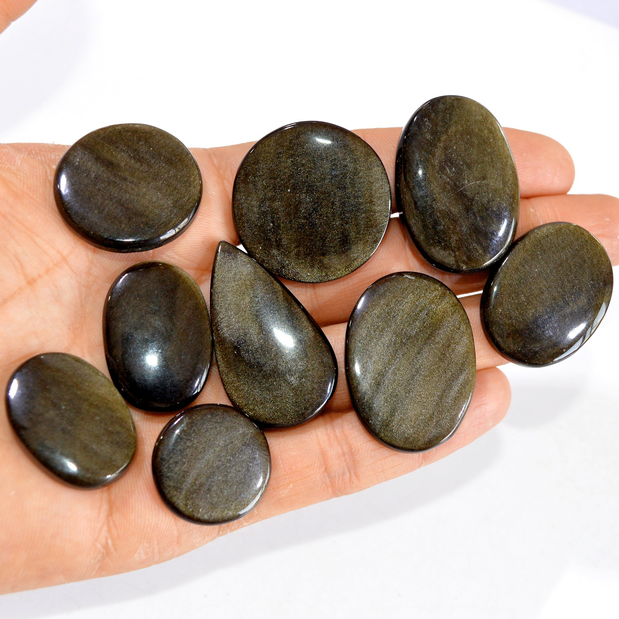 9 Pcs 338 cts Natural Silver Obsidian Cabochon Gemstone Lot Wholesale Loose Gemstone For Jewelry Making 32X32-28X20mm R-15074