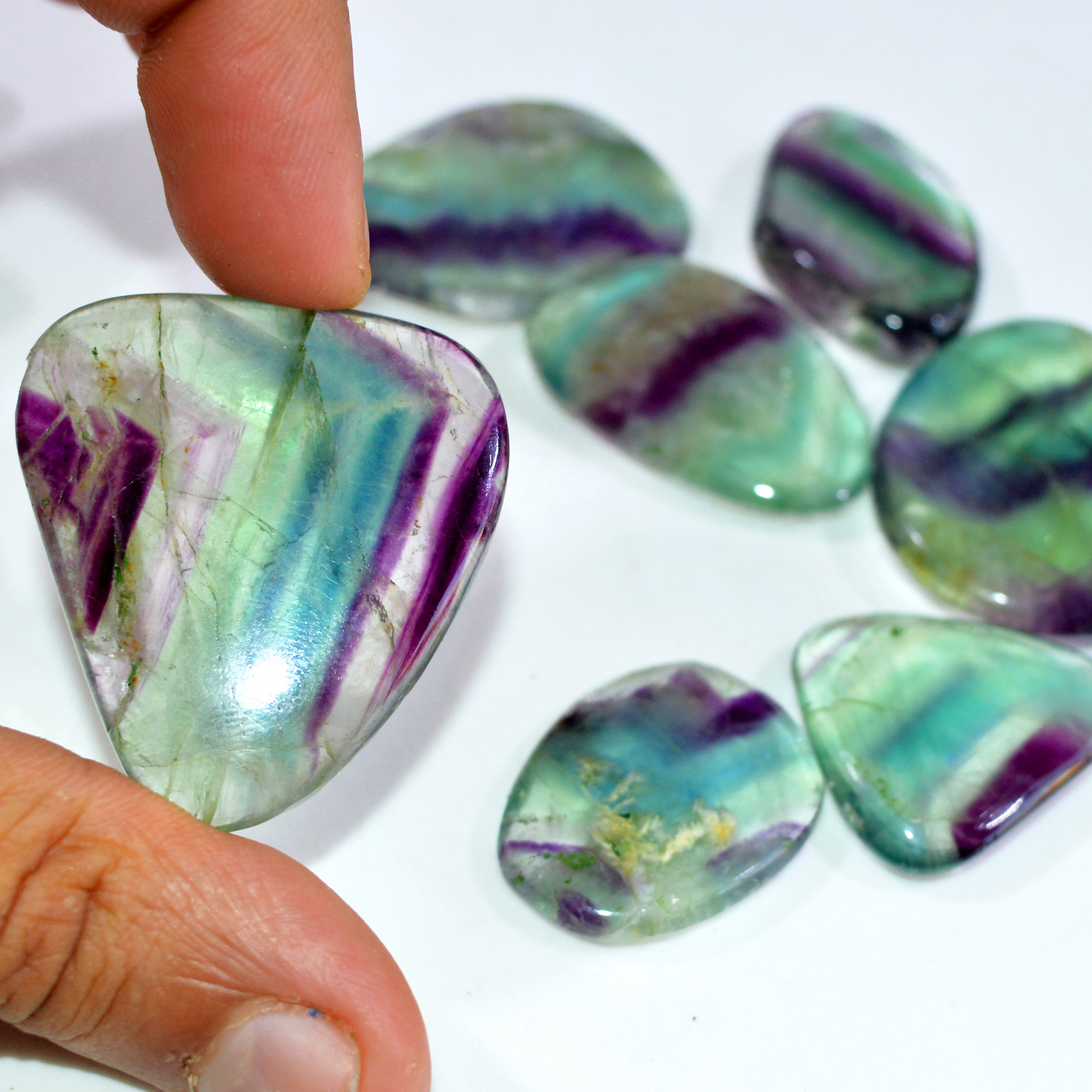 6 Pcs 412 Cts Natural Rainbow Fluorite Palm Briolette Gemstone Polish Healing Crystal For Jewelry Making 41x36 29x26mm R-15076