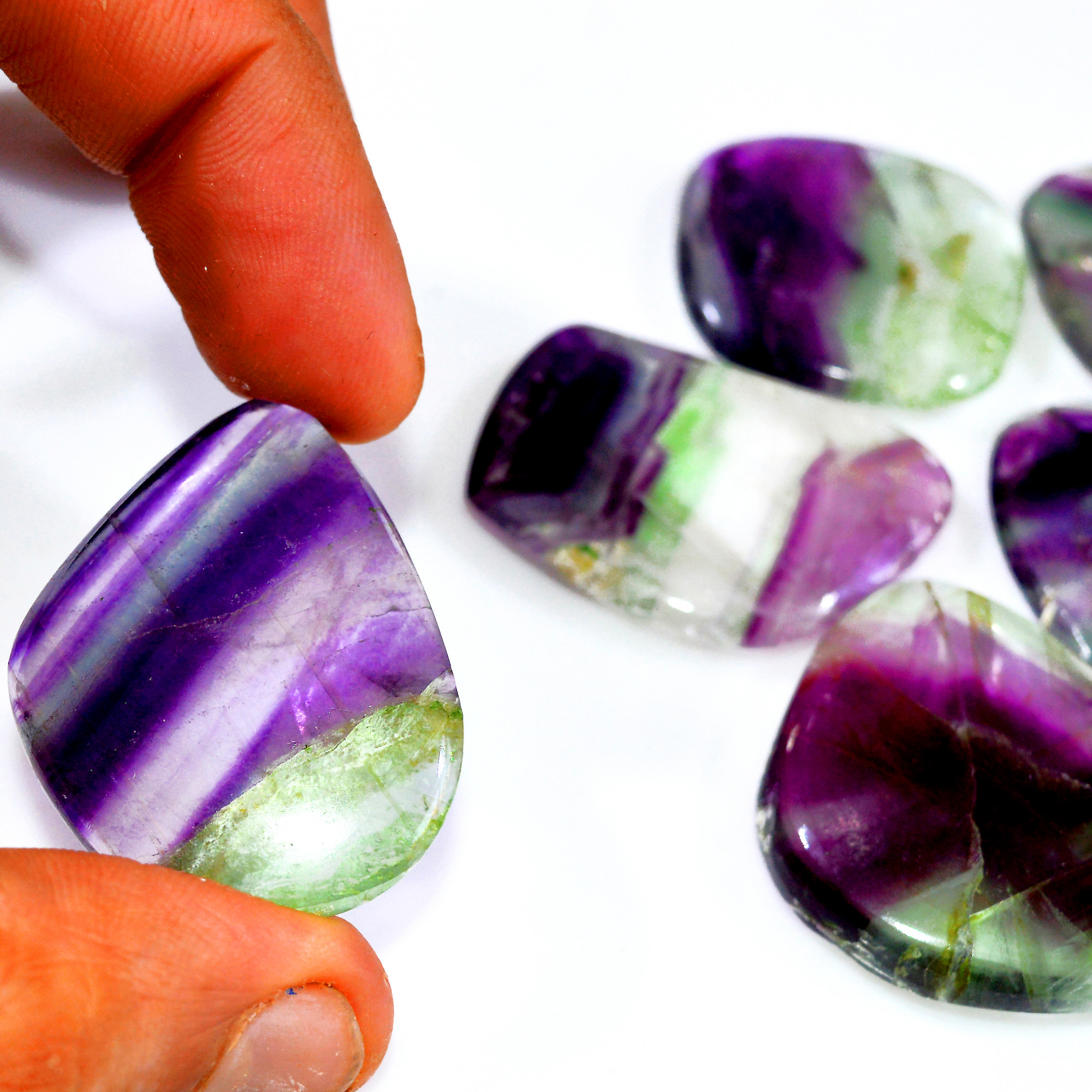 7 Pcs 496 Cts Natural Rainbow Fluorite Palm Briolette Gemstone Polish Healing Crystal For Jewelry Making 45x26 31x24mm R-15079