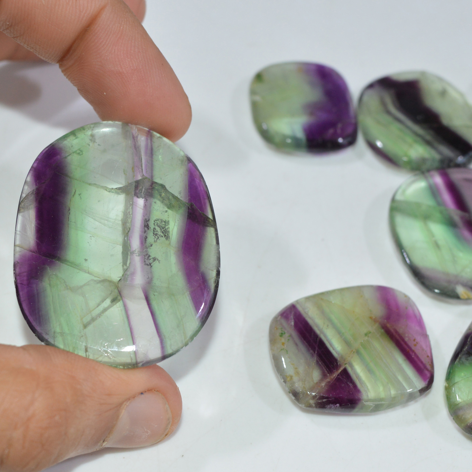 8 Pcs 622 Cts Natural Rainbow Fluorite Palm Briolette Gemstone Polish Healing Crystal For Jewelry Making 48x35 27x24mm 15082