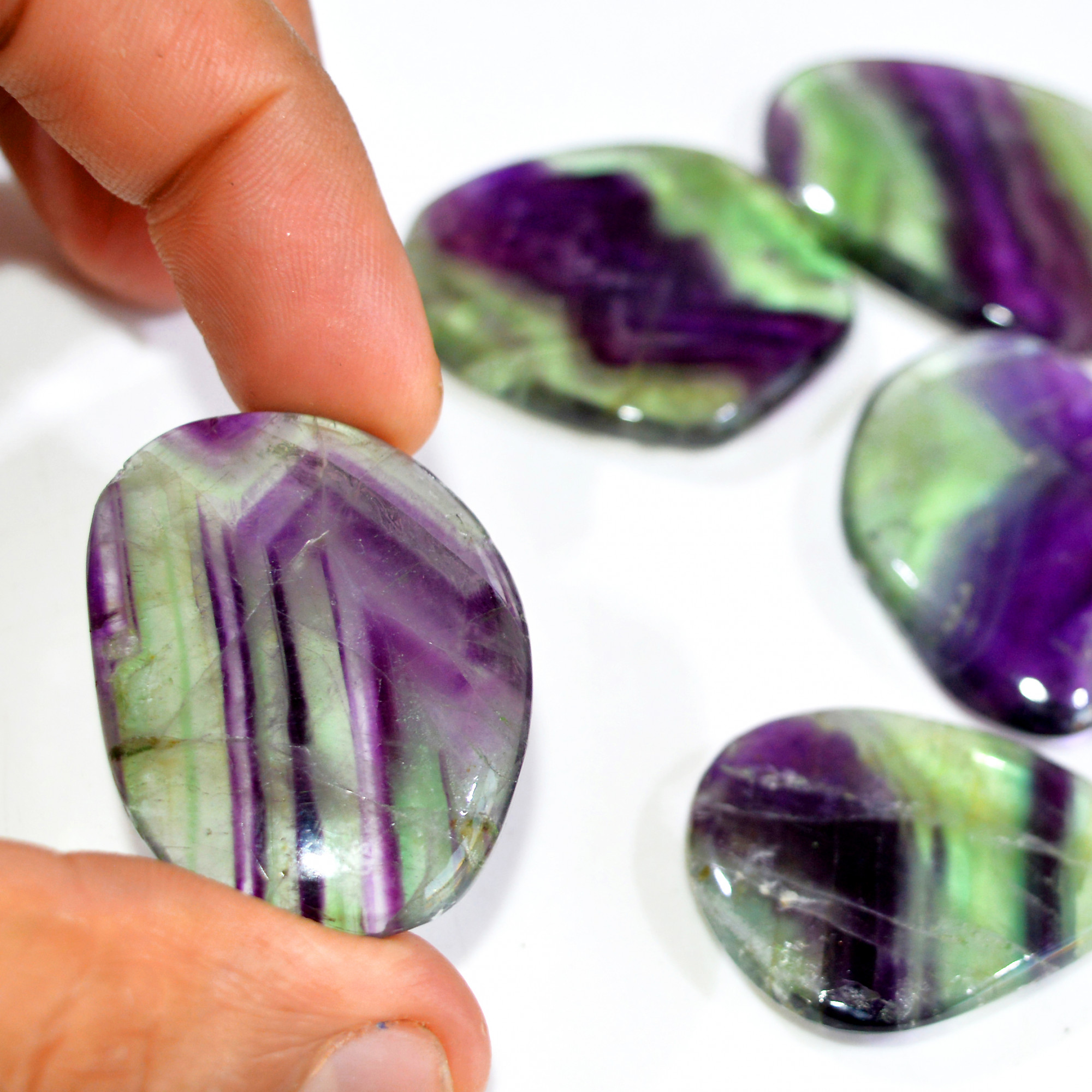 7 Pcs 640 Cts Natural Rainbow Fluorite Palm Briolette Gemstone Polish Healing Crystal For Jewelry Making 44x33 37x29mm 15086