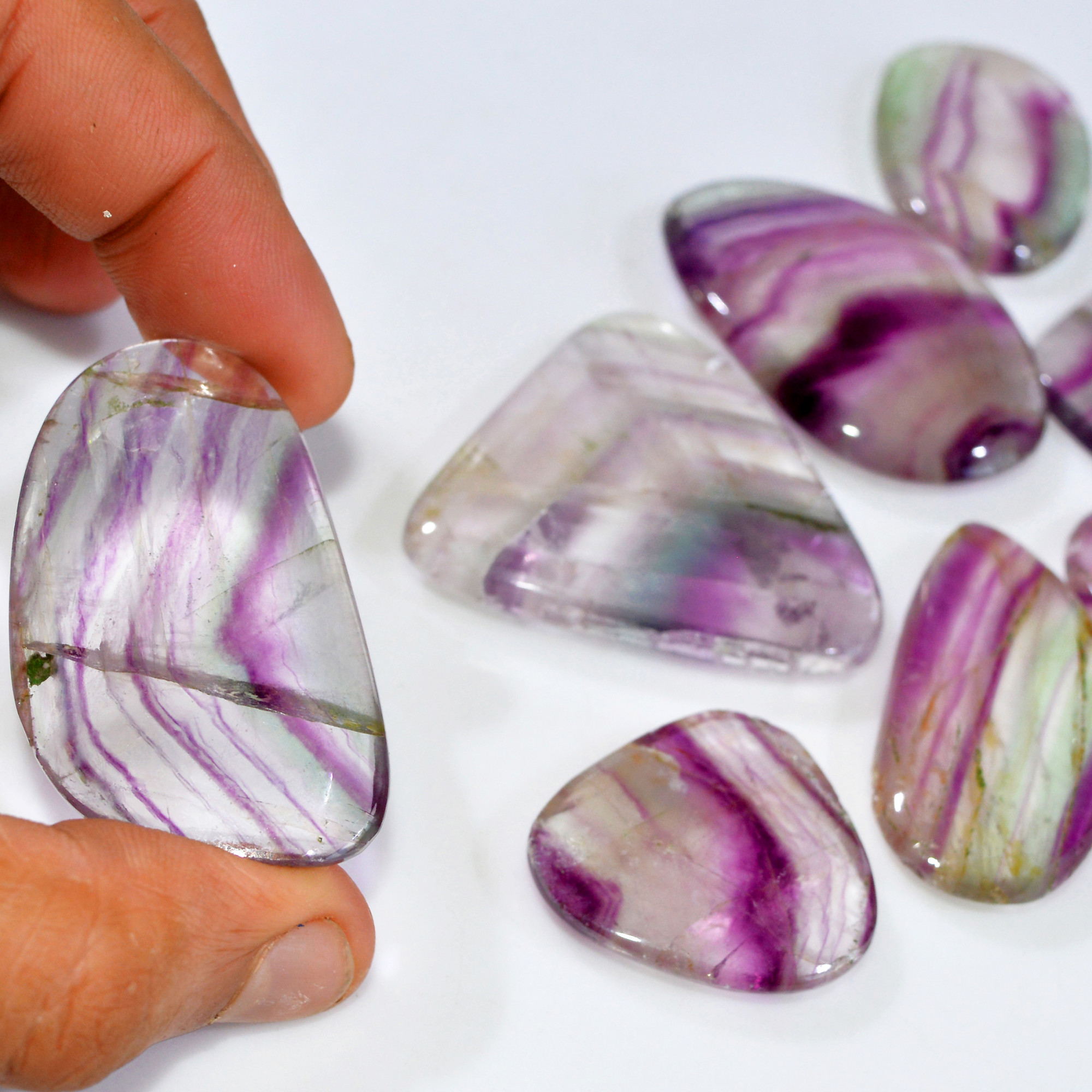8 Pcs 799 Cts Natural Rainbow Fluorite Palm Briolette Gemstone Polish Healing Crystal For Jewelry Making 51x45 31x30mm 15089