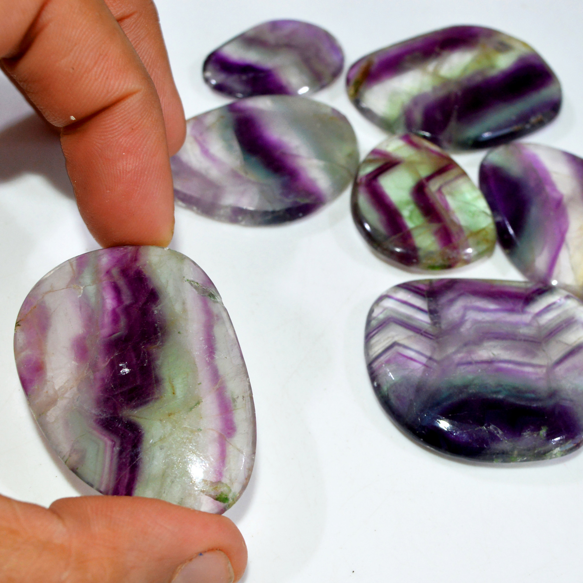 7 Pcs 683 Cts Natural Rainbow Fluorite Palm Briolette Gemstone Polish Healing Crystal For Jewelry Making 49x34 33x24mm 15090
