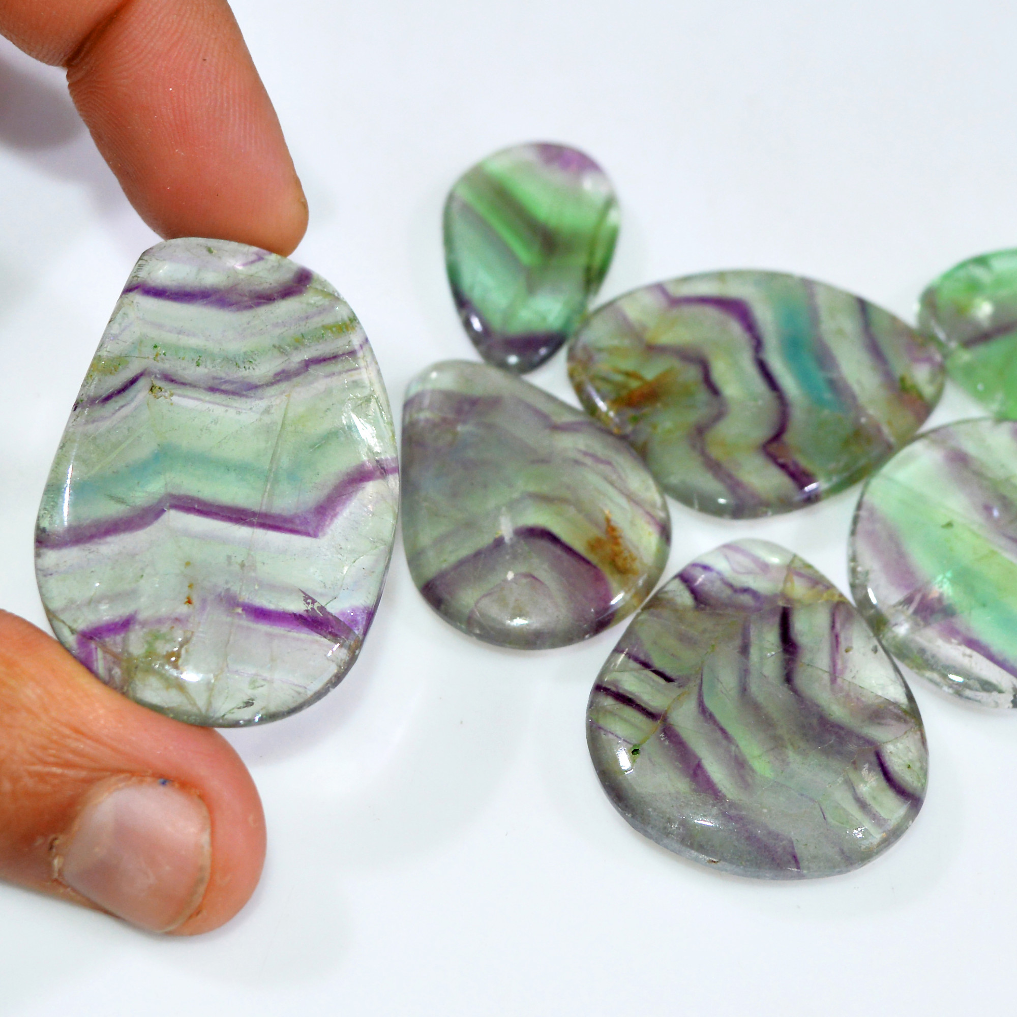 7 Pcs 480 Cts Natural Rainbow Fluorite Palm Briolette Gemstone Polish Healing Crystal For Jewelry Making 46x30 32x18mm 15091
