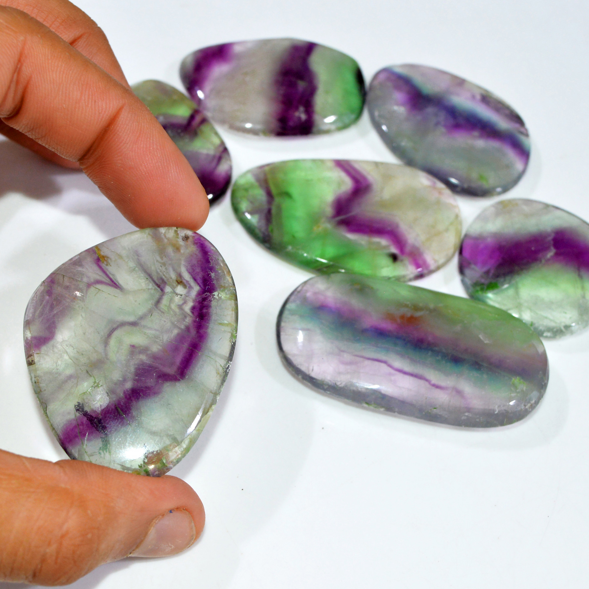 7 Pcs 853 Cts Natural Rainbow Fluorite Palm Briolette Gemstone Polish Healing Crystal For Jewelry Making 57x30 42x25mm 15092