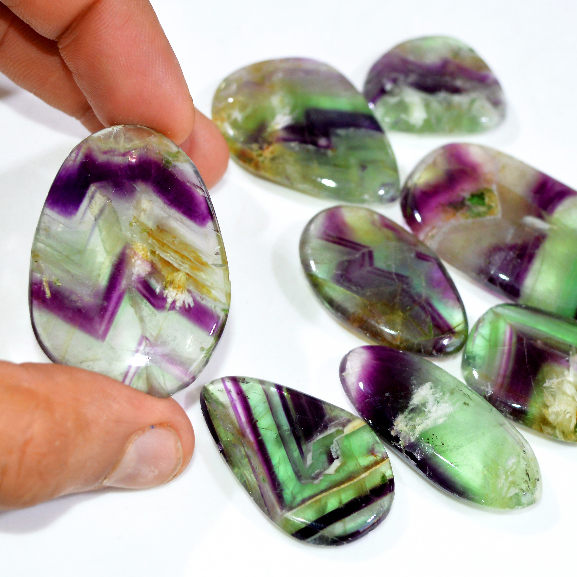 8 Pcs 583 Cts Natural Rainbow Fluorite Palm Briolette Gemstone Polish Healing Crystal For Jewelry Making 47x32 37x24mm 15094