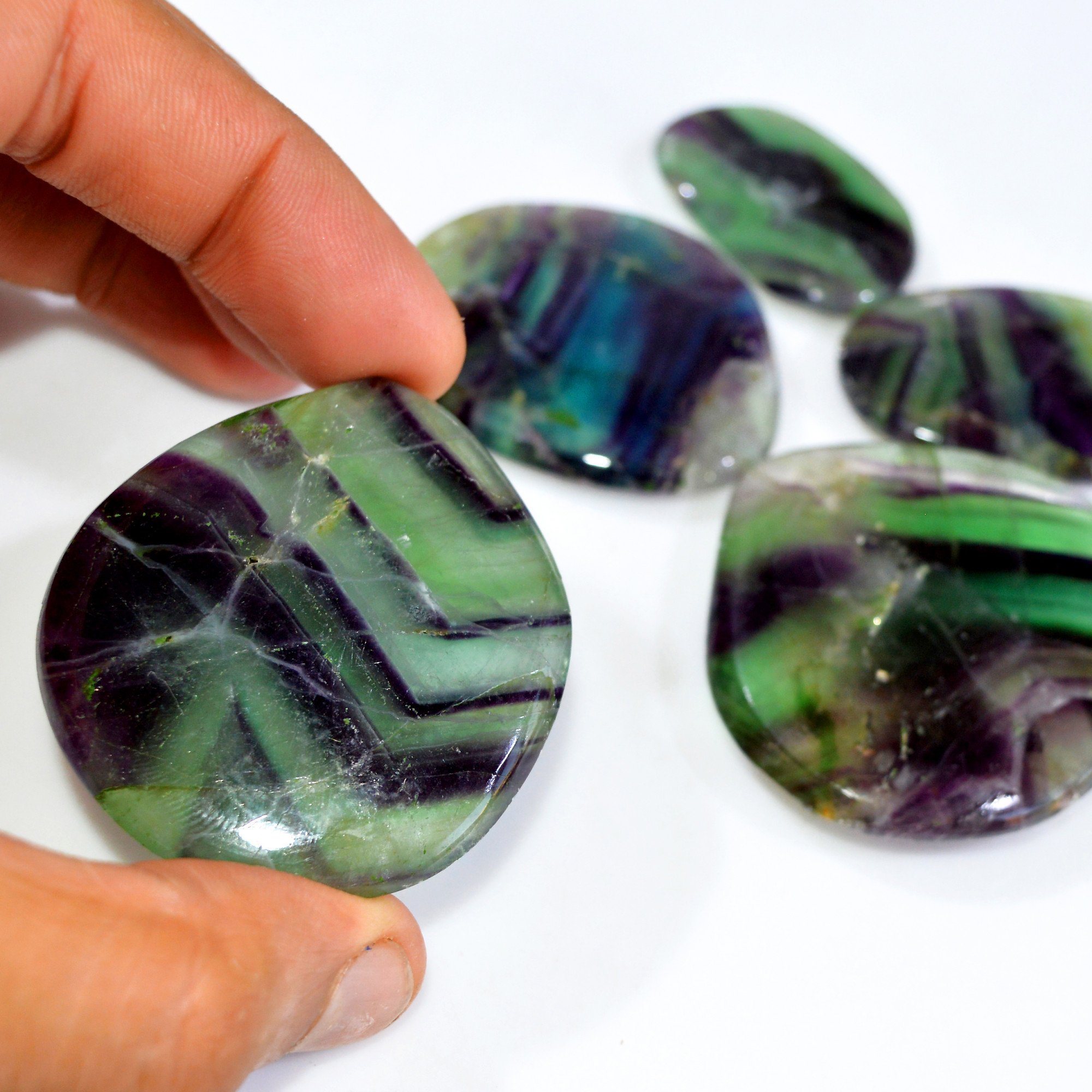 5 Pcs 683 Cts Natural Rainbow Fluorite Palm Briolette Gemstone Polish Healing Crystal For Jewelry Making 50x48 37x25mm R-15097