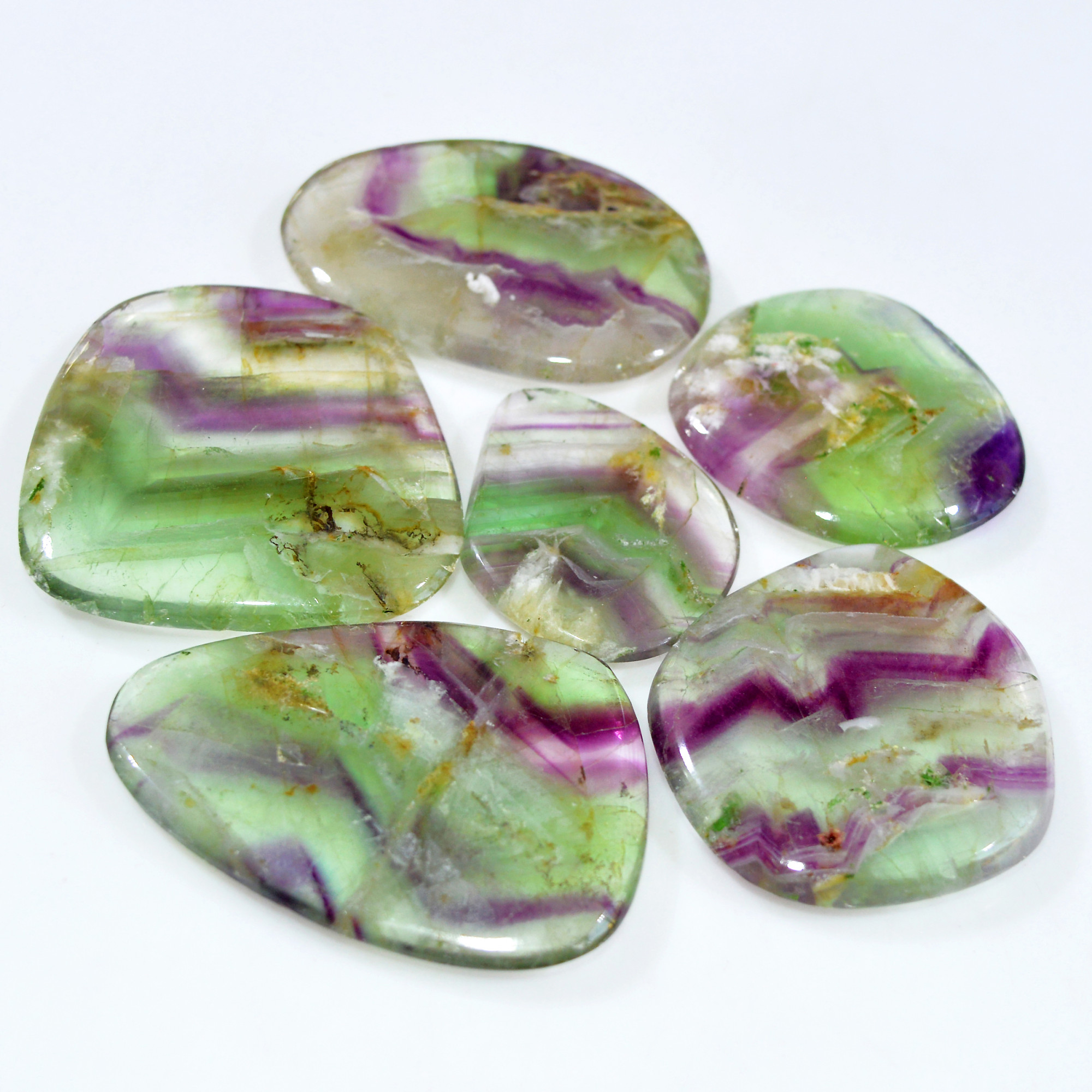 6 Pcs 747 Cts Natural Rainbow Fluorite Palm Briolette Gemstone Polish Healing Crystal For Jewelry Making 54x37 37x35mm R-15099