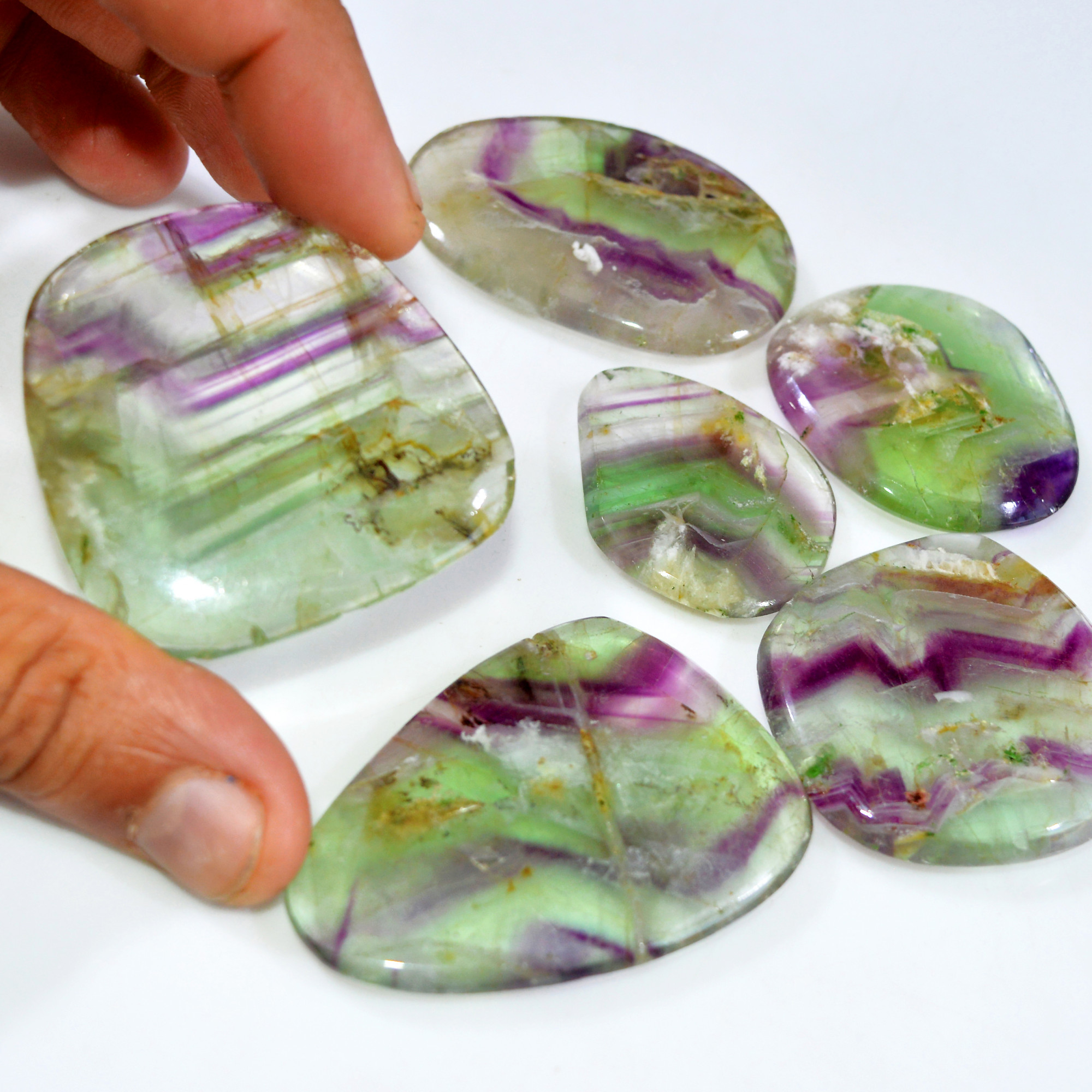 6 Pcs 747 Cts Natural Rainbow Fluorite Palm Briolette Gemstone Polish Healing Crystal For Jewelry Making 54x37 37x35mm 15099