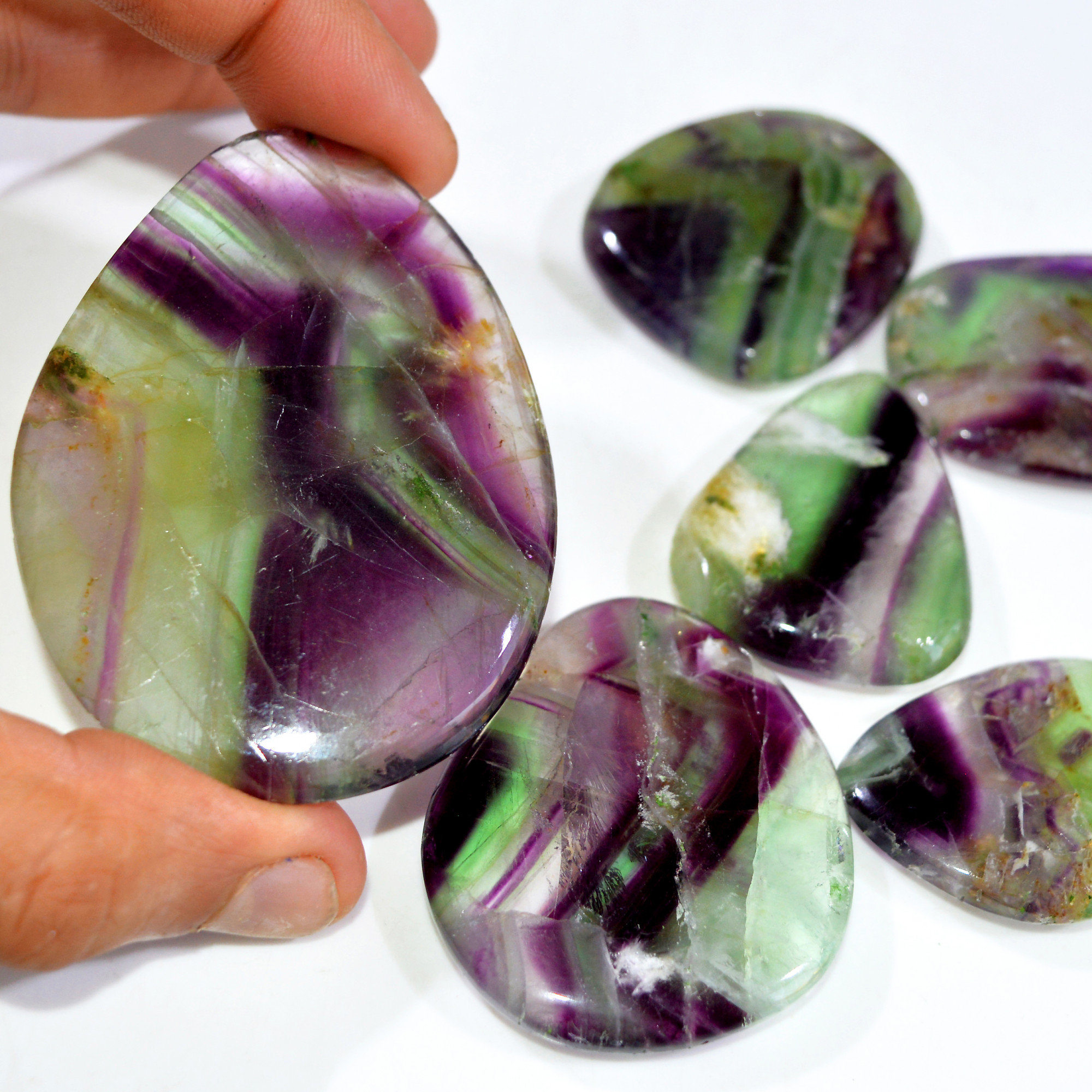 6 Pcs 1020 Cts Natural Rainbow Fluorite Palm Briolette Gemstone Polish Healing Crystal For Jewelry Making 70x52 37x29mm 15100
