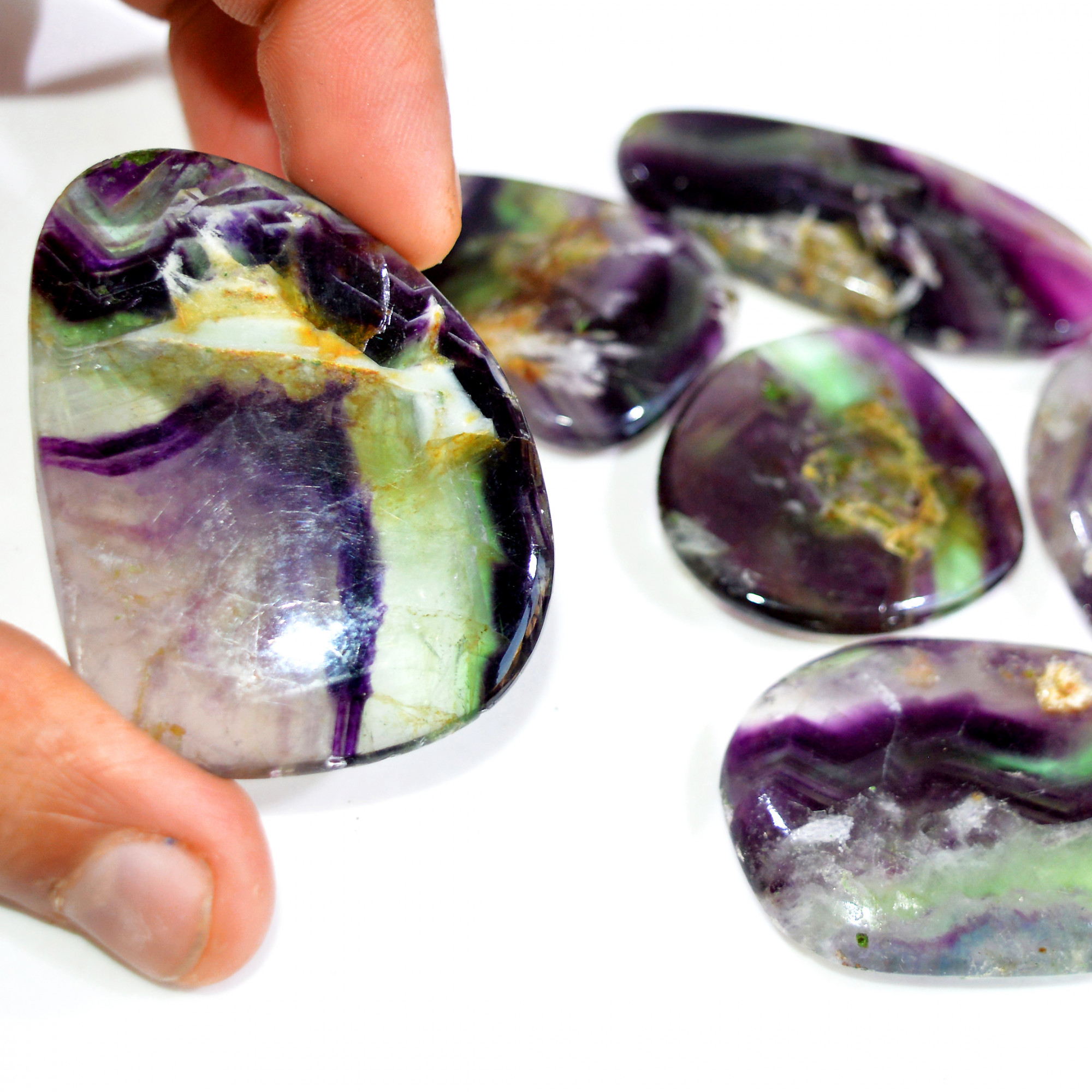 6 Pcs 747 Cts Natural Rainbow Fluorite Palm Briolette Gemstone Polish Healing Crystal For Jewelry Making 56x40 38x31mm 15102