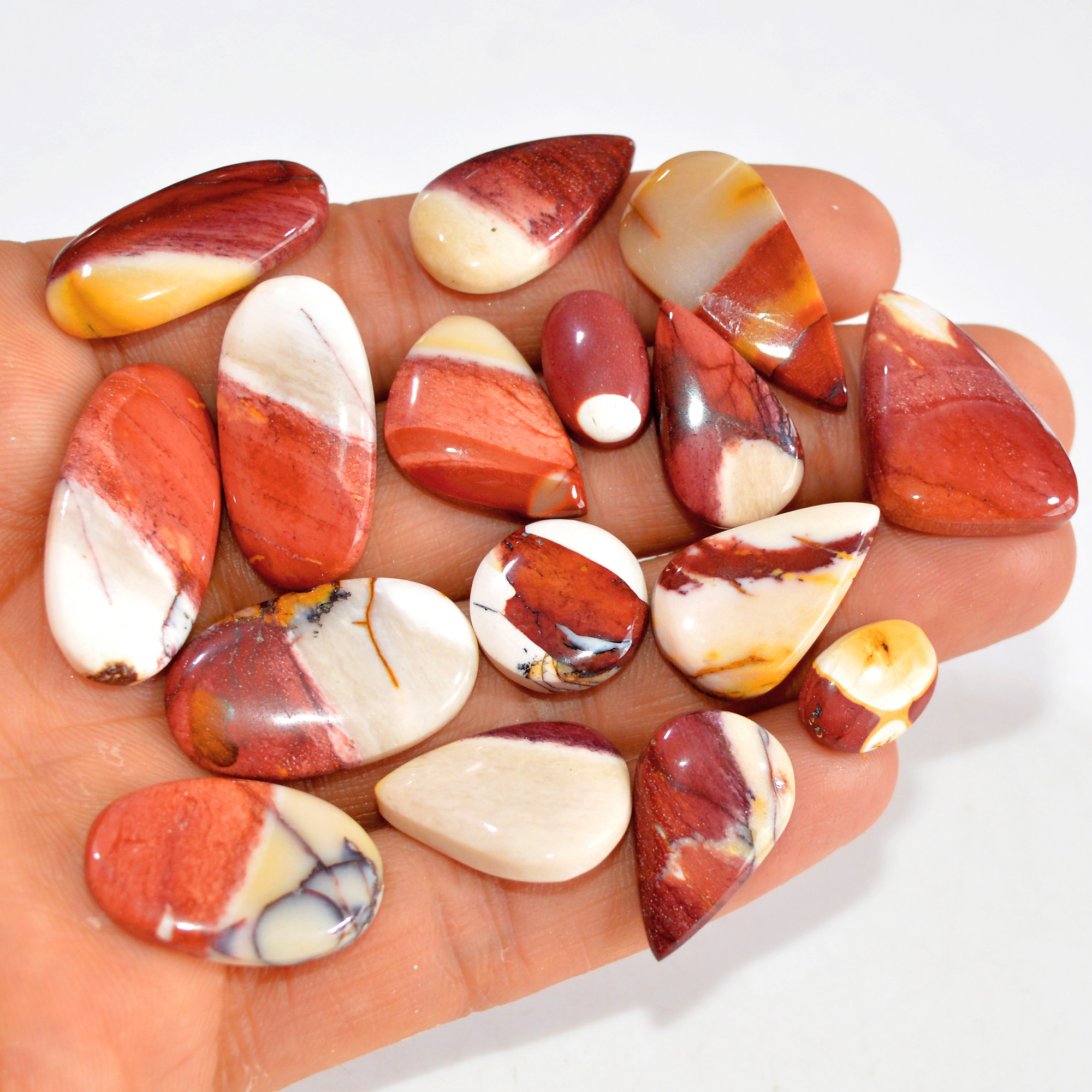 16 Pcs 167 Cts Natural Mookaite Jasper Cabochon Loose Semi Precious Wholesale Lot For Silver Jewelry Making 30x14 11x8mm 15103