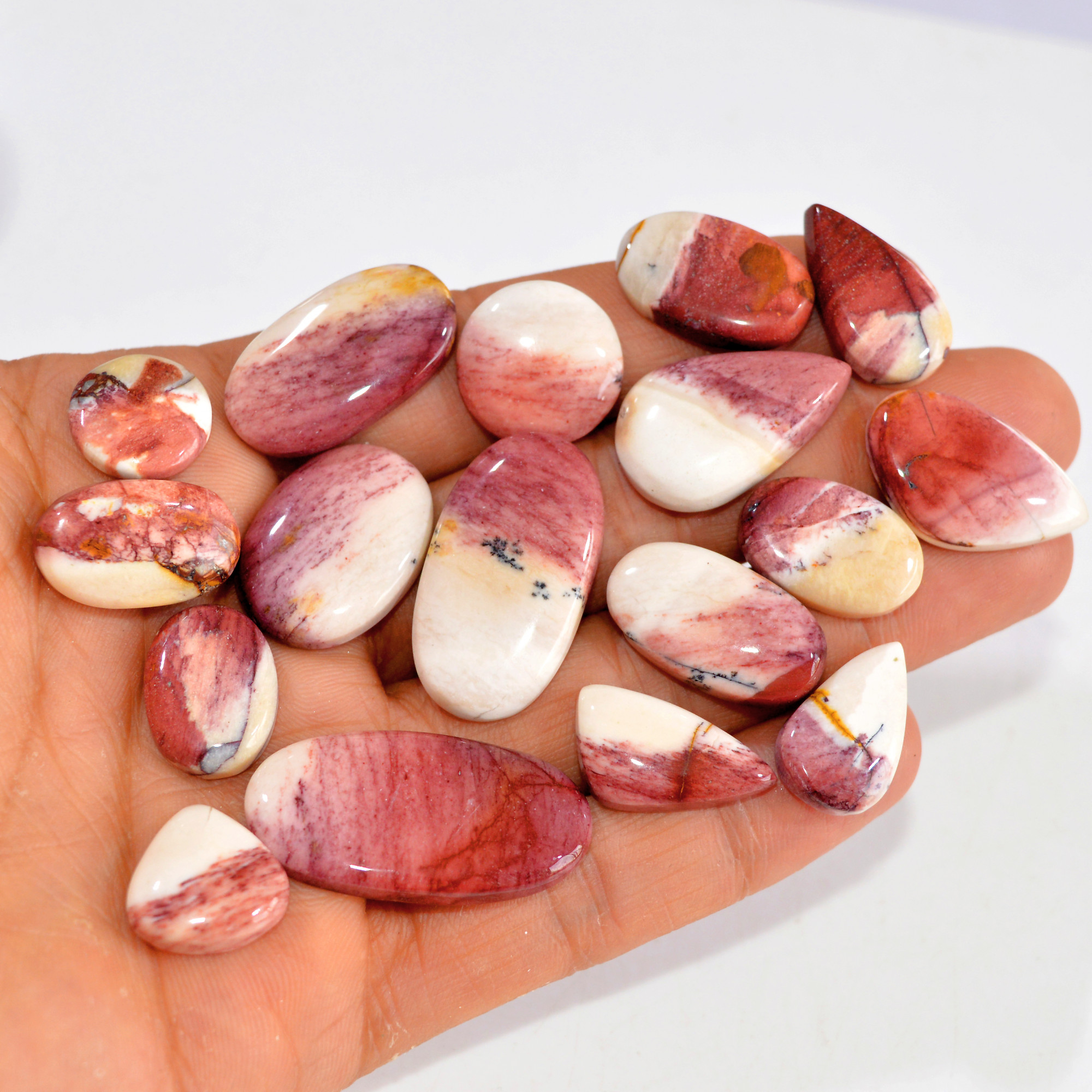 17 Pcs 212 Cts Natural Mookaite Jasper Cabochon Loose Semi Precious Wholesale Lot For Silver Jewelry Making 32x16 12x12mm 15110