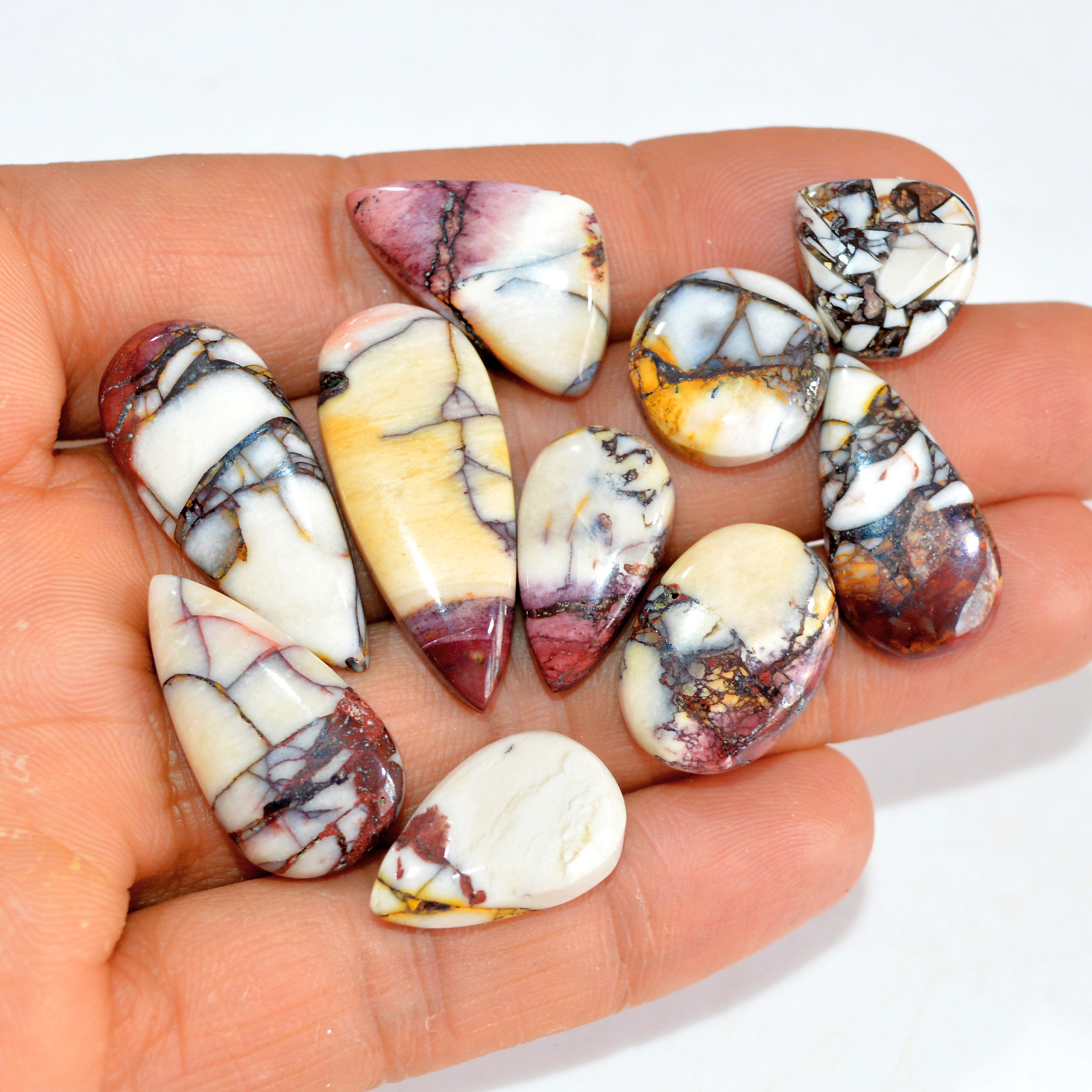 10 Pcs 111 Cts Natural Mookaite Jasper Cabochon Loose Semi Precious Wholesale Lot For Silver Jewelry Making 30x11 14x13mm 15115