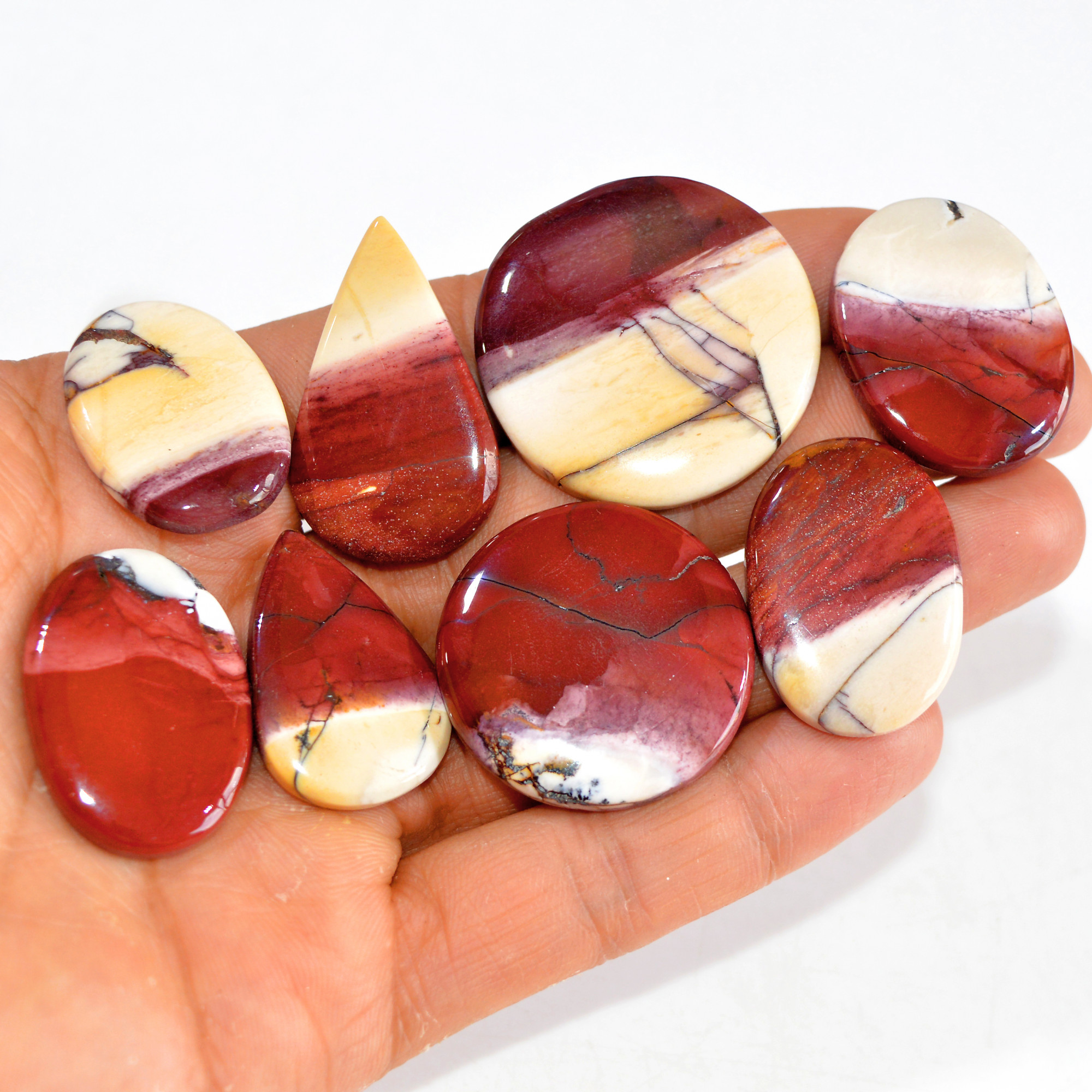 8 Pcs 269 Cts Natural Mookaite Jasper Cabochon Loose Semi Precious Wholesale Lot For Silver Jewelry Making 35x35 30x17mm 15119