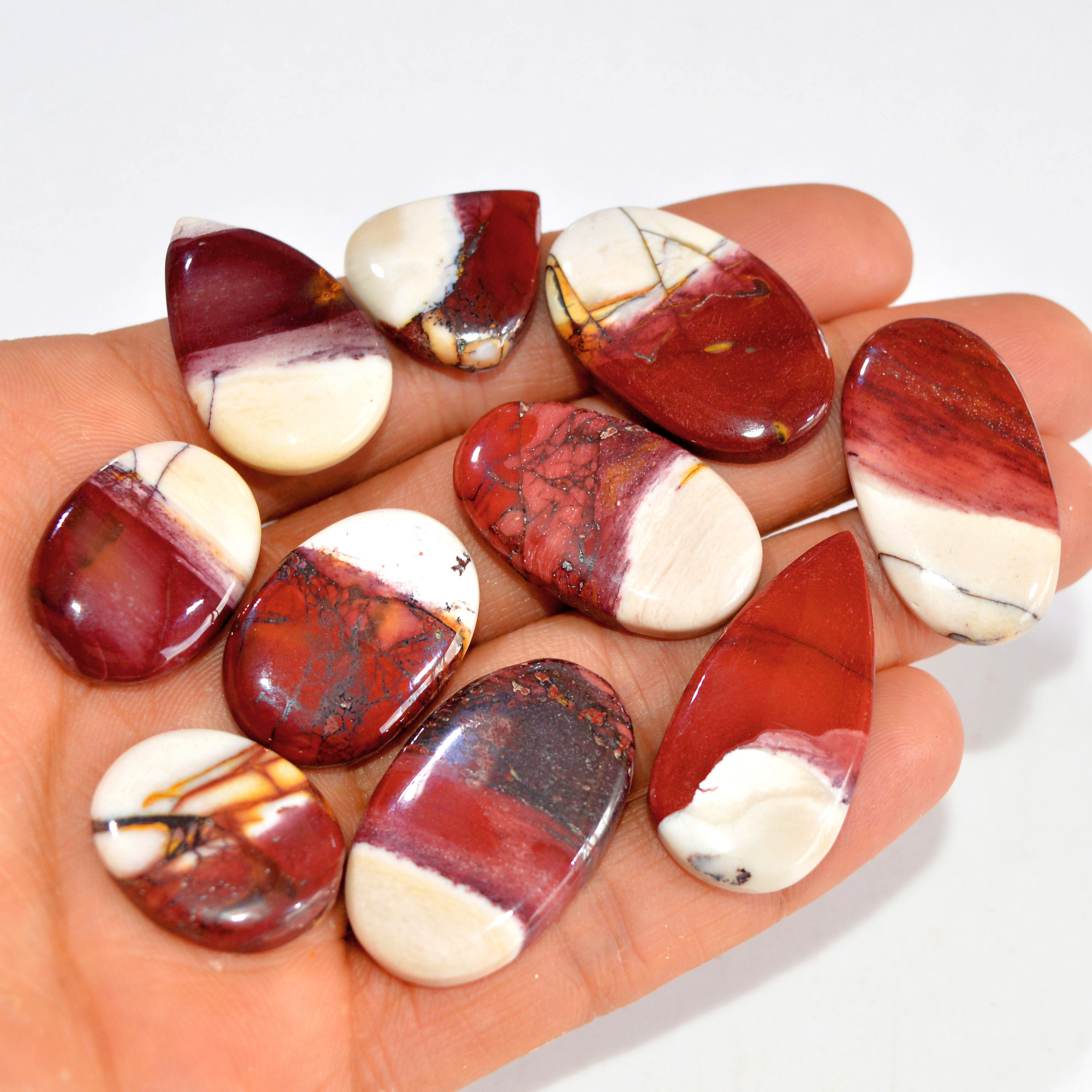 10 Pcs 208 Cts Natural Mookaite Jasper Cabochon Loose Semi Precious Wholesale Lot For Silver Jewelry Making 32x15 19x18mm 15126