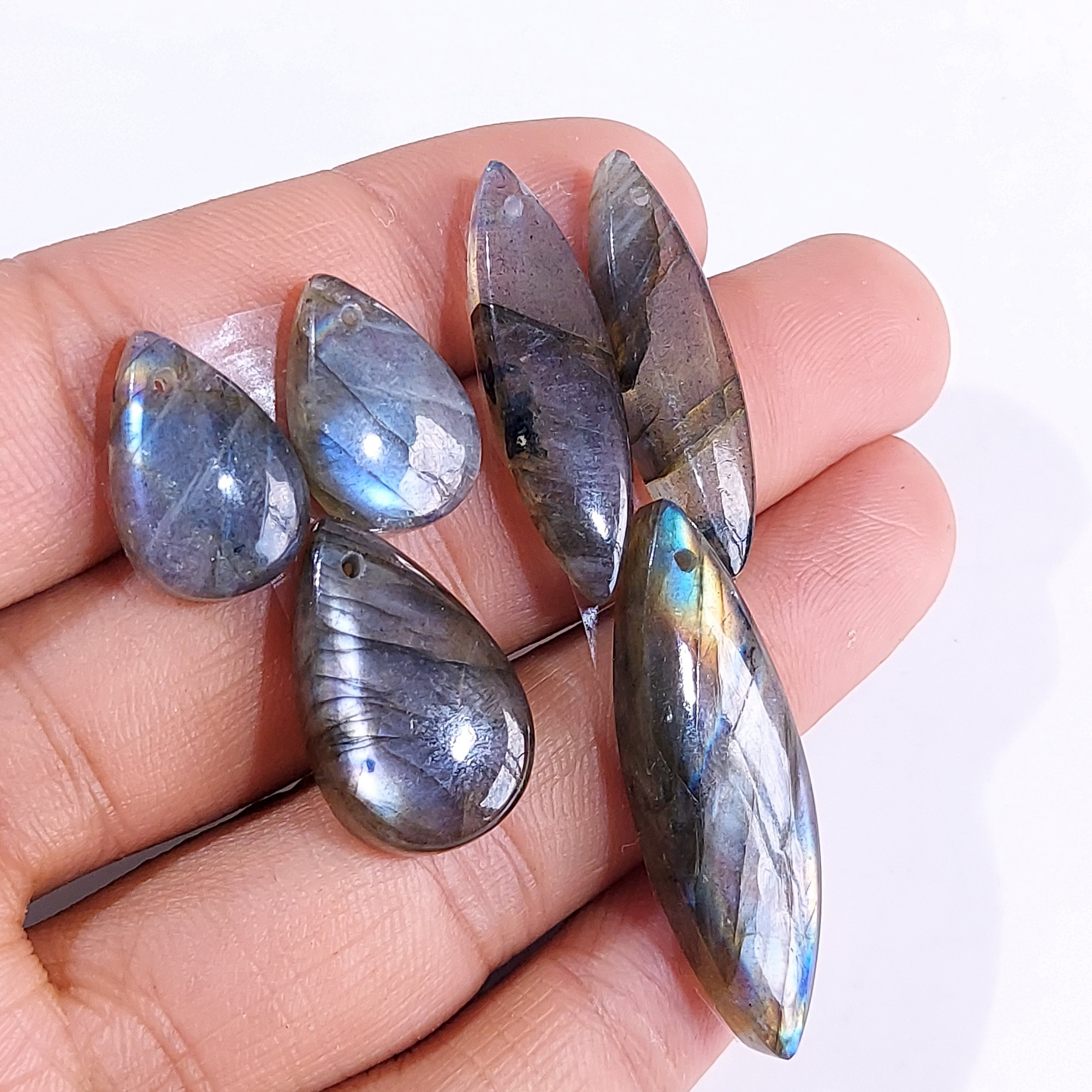 2 Sets 78 Cts Natural Multi Flash Labradorite 3 Pcs Set Front Drill For Earring and Pendant Making Gift For Women Silver Jewelry 15150