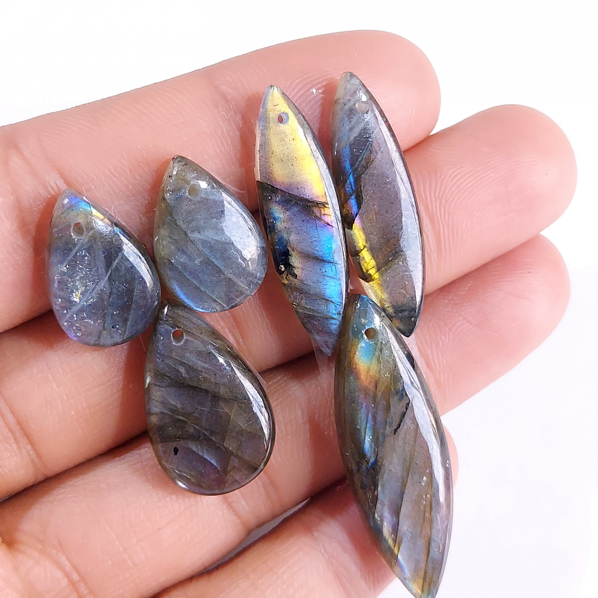2 Sets 78 Cts Natural Multi Flash Labradorite 3 Pcs Set Front Drill For Earring and Pendant Making Gift For Women Silver Jewelry 15150