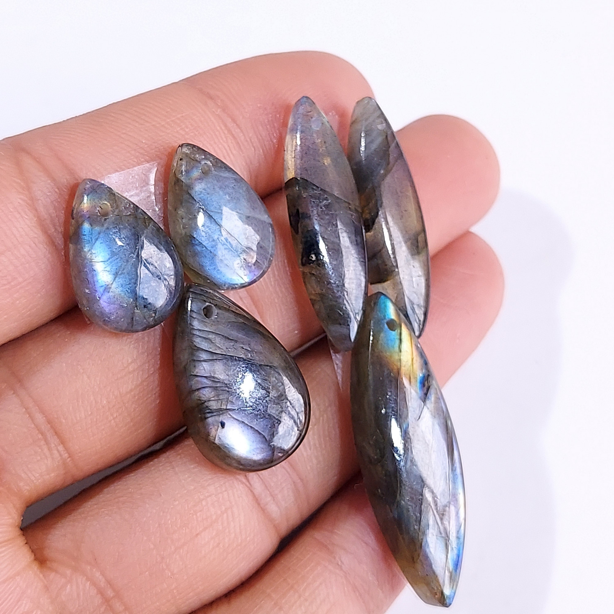 2 Sets 78 Cts Natural Multi Flash Labradorite 3 Pcs Set Front Drill For Earring and Pendant Making Gift For Women Silver Jewelry 15150