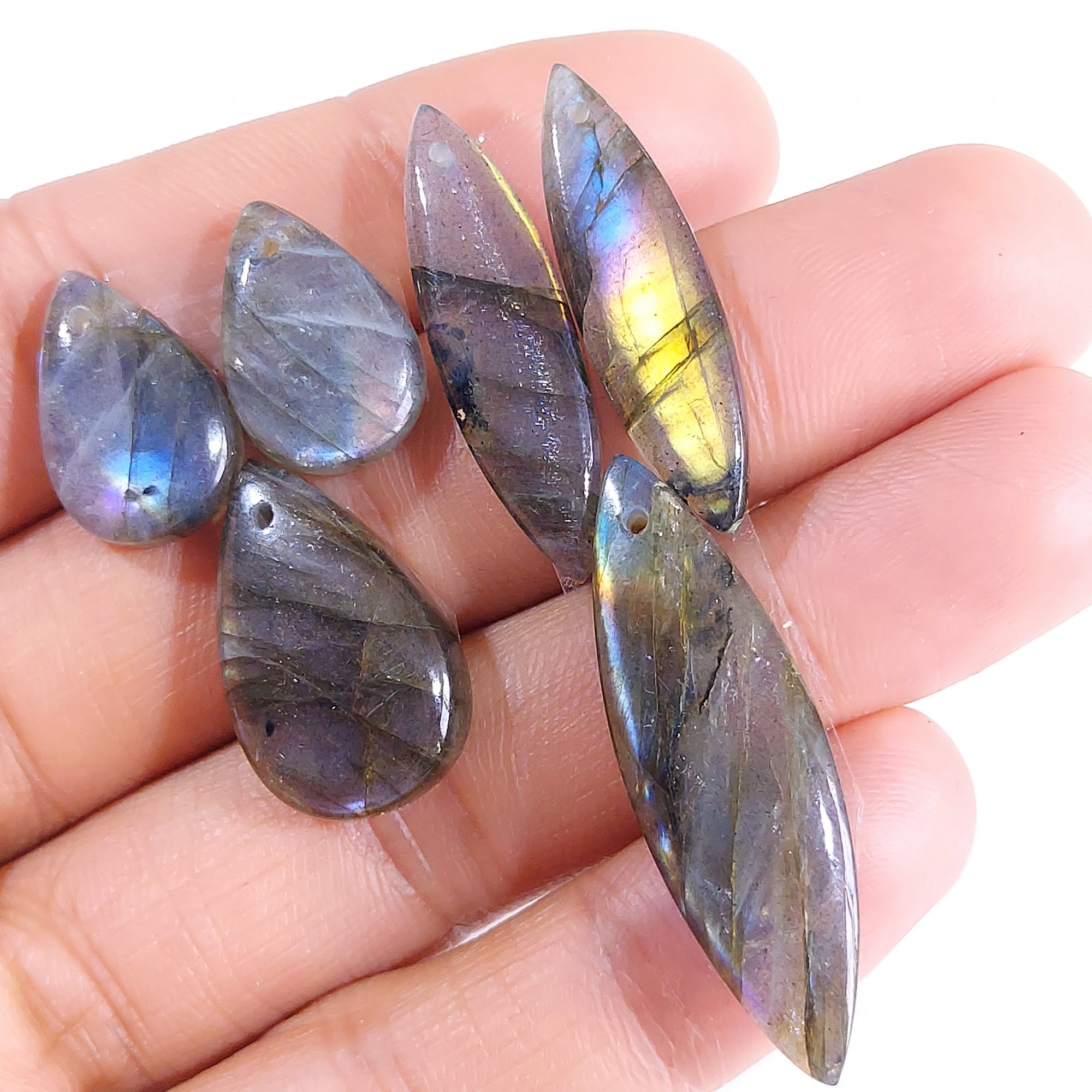 2 Sets 78 Cts Natural Multi Flash Labradorite 3 Pcs Set Front Drill For Earring and Pendant Making Gift For Women Silver Jewelry 15150