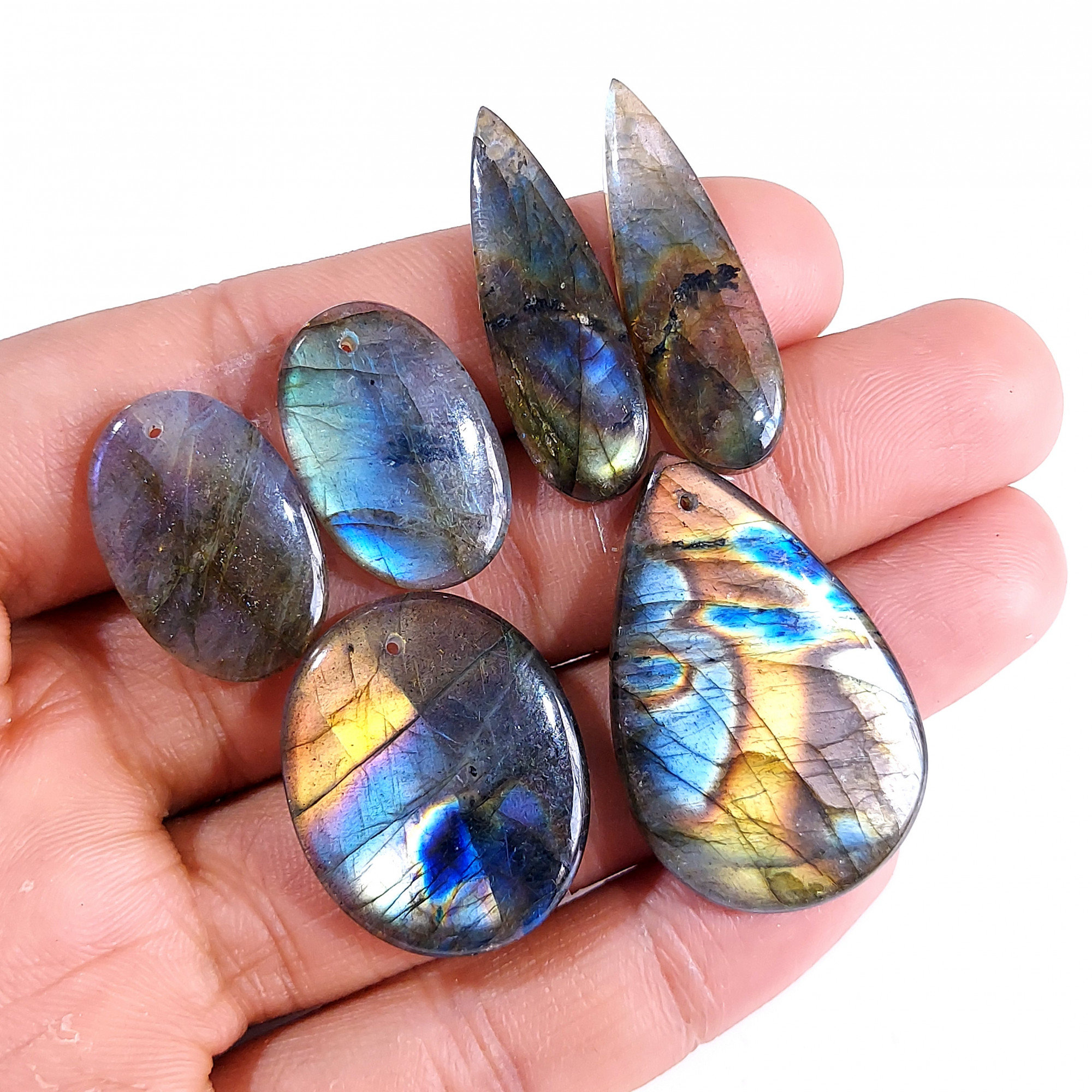 2 Sets 118 Cts Natural Multi Flash Labradorite 3 Pcs Set Front Drill For Earring and Pendant Making Gift For Women Silver Jewelry 15151