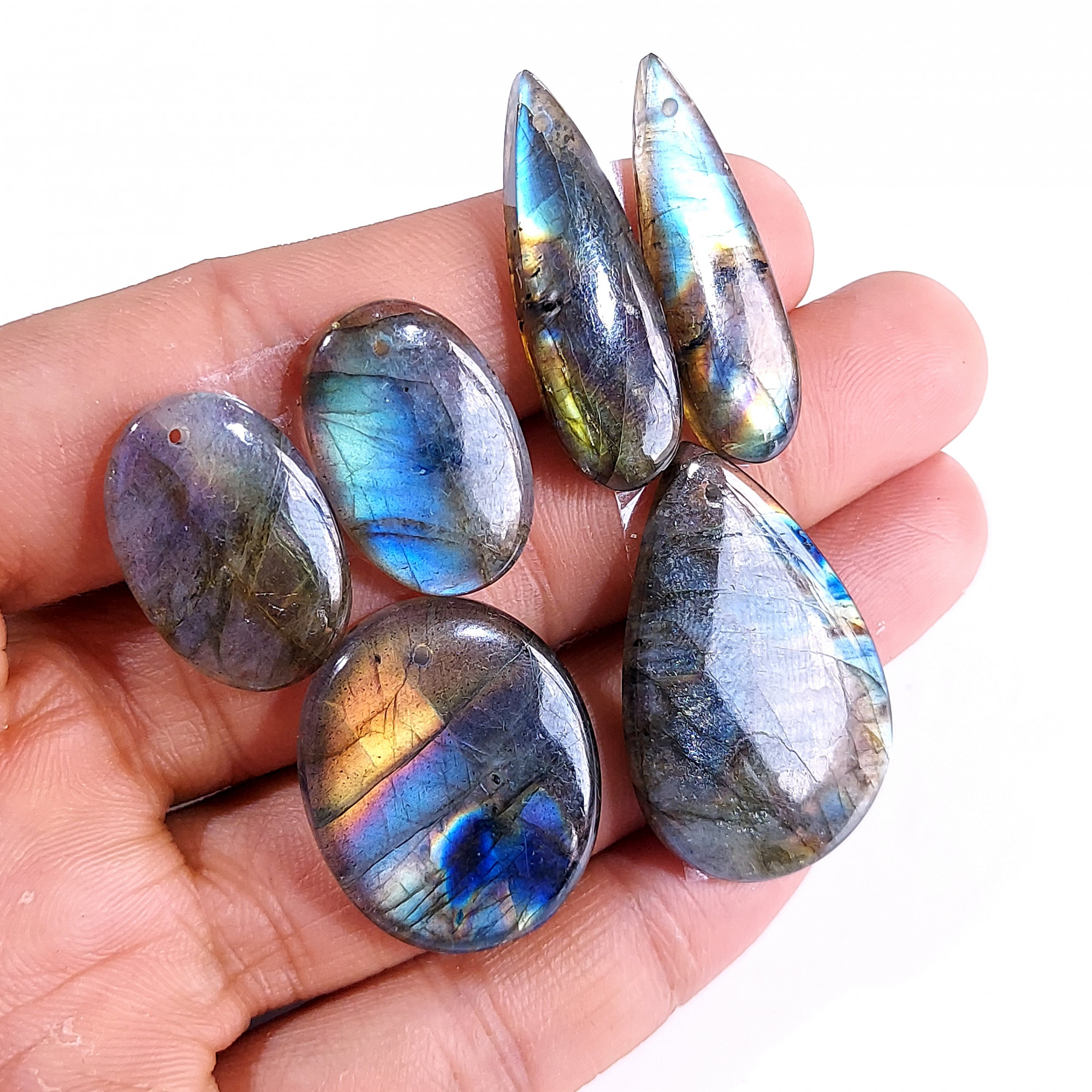 2 Sets 118 Cts Natural Multi Flash Labradorite 3 Pcs Set Front Drill For Earring and Pendant Making Gift For Women Silver Jewelry 15151