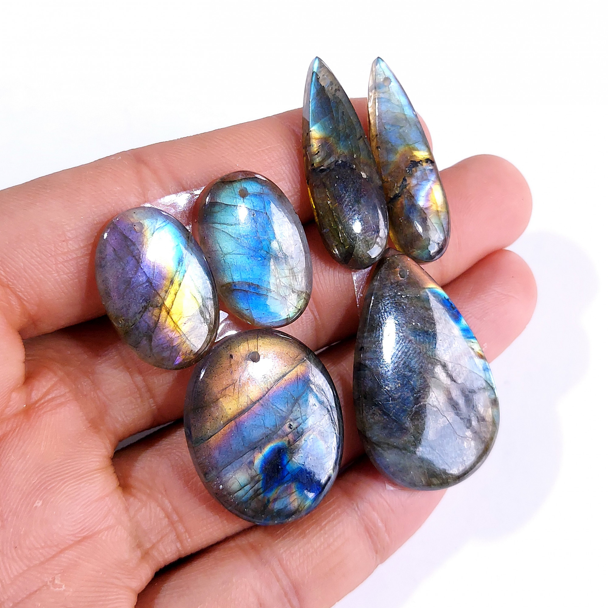2 Sets 118 Cts Natural Multi Flash Labradorite 3 Pcs Set Front Drill For Earring and Pendant Making Gift For Women Silver Jewelry 15151