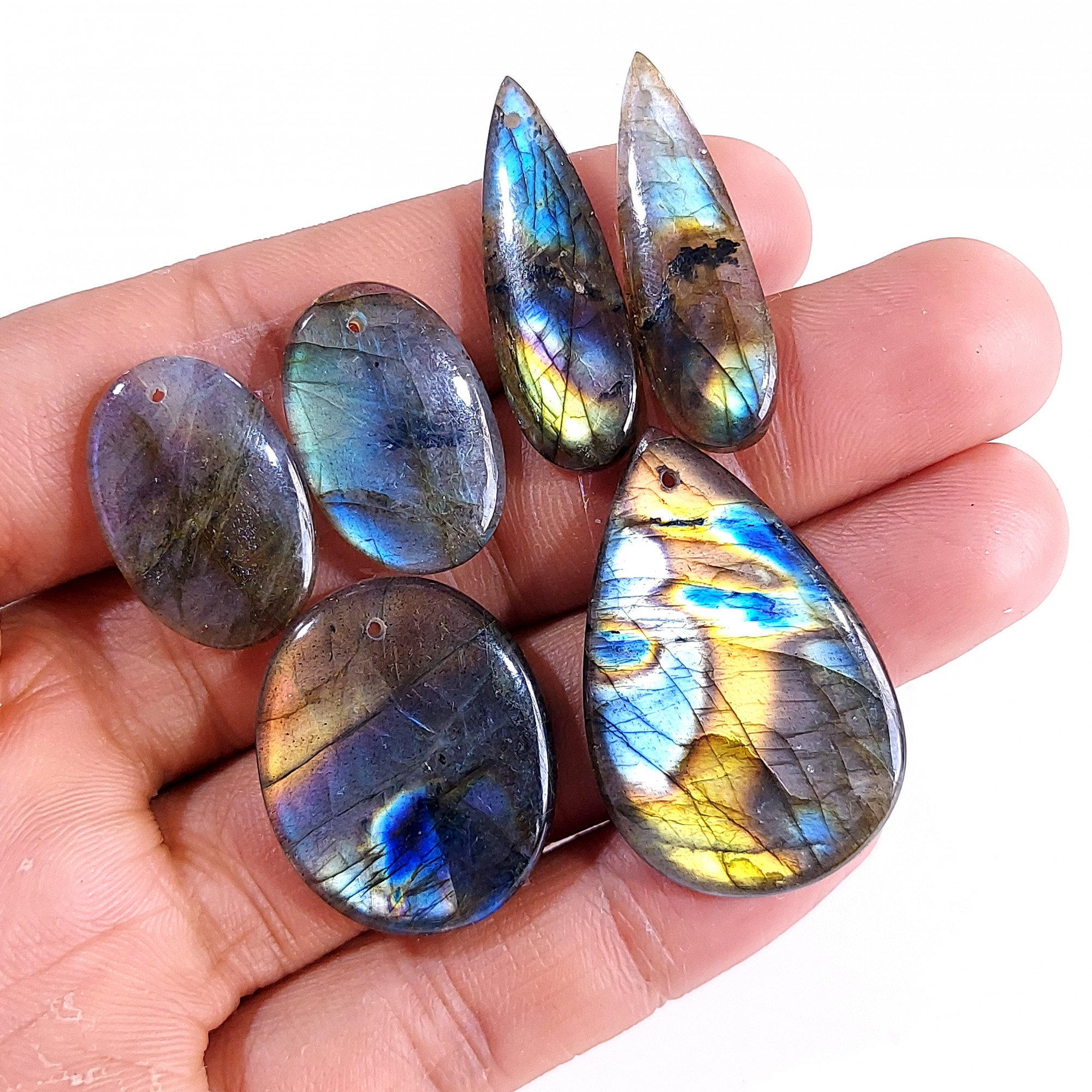 2 Sets 118 Cts Natural Multi Flash Labradorite 3 Pcs Set Front Drill For Earring and Pendant Making Gift For Women Silver Jewelry 15151