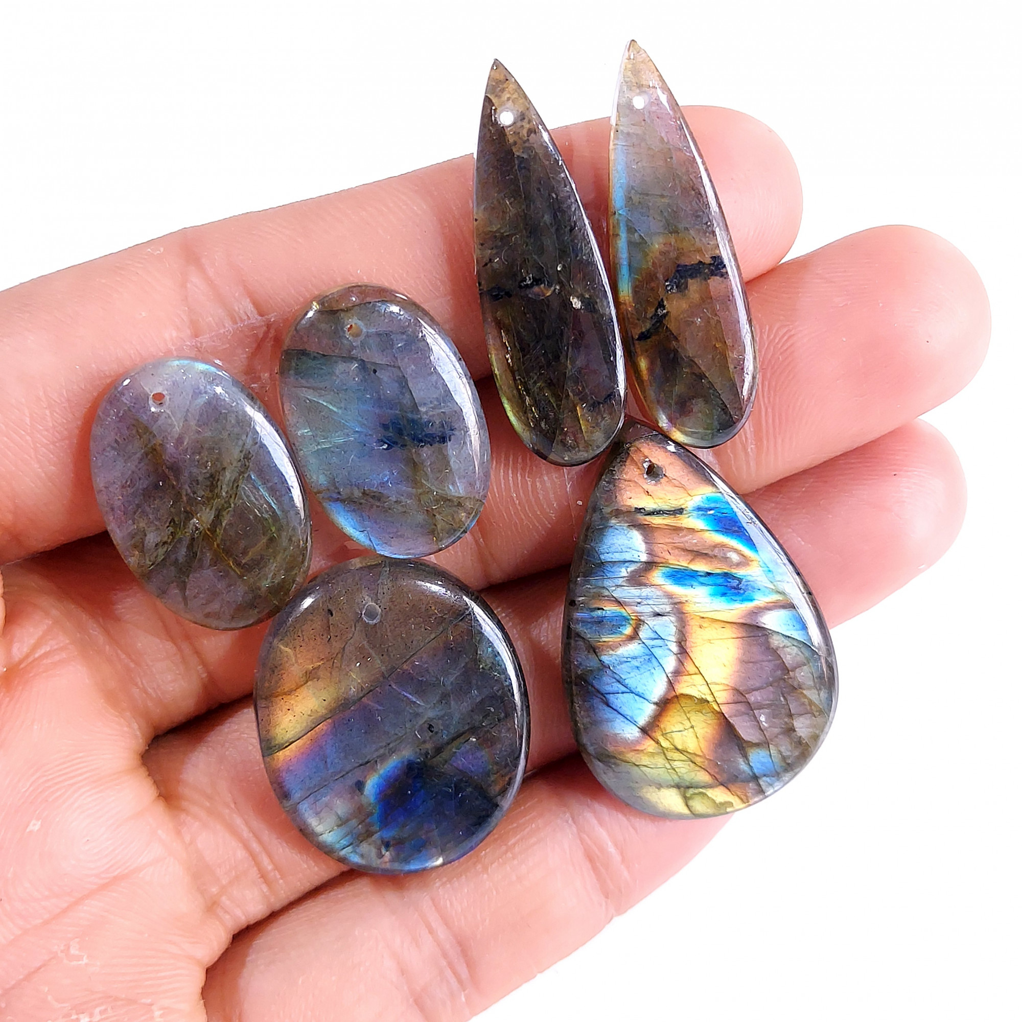 2 Sets 118 Cts Natural Multi Flash Labradorite 3 Pcs Set Front Drill For Earring and Pendant Making Gift For Women Silver Jewelry 15151