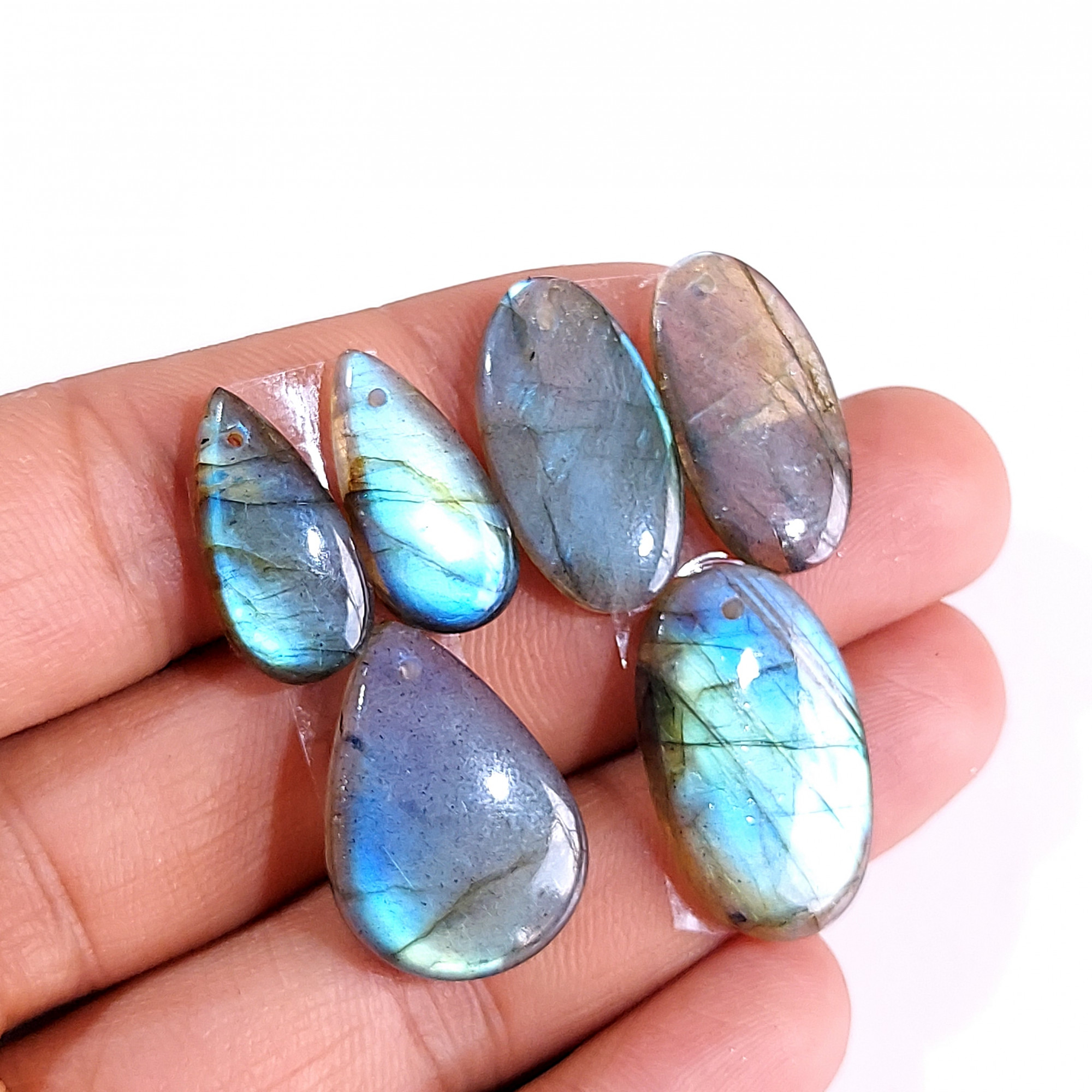 2 Sets 71 Cts Natural Multi Flash Labradorite 3 Pcs Set Front Drill For Earring and Pendant Making Gift For Women Silver Jewelry 15152