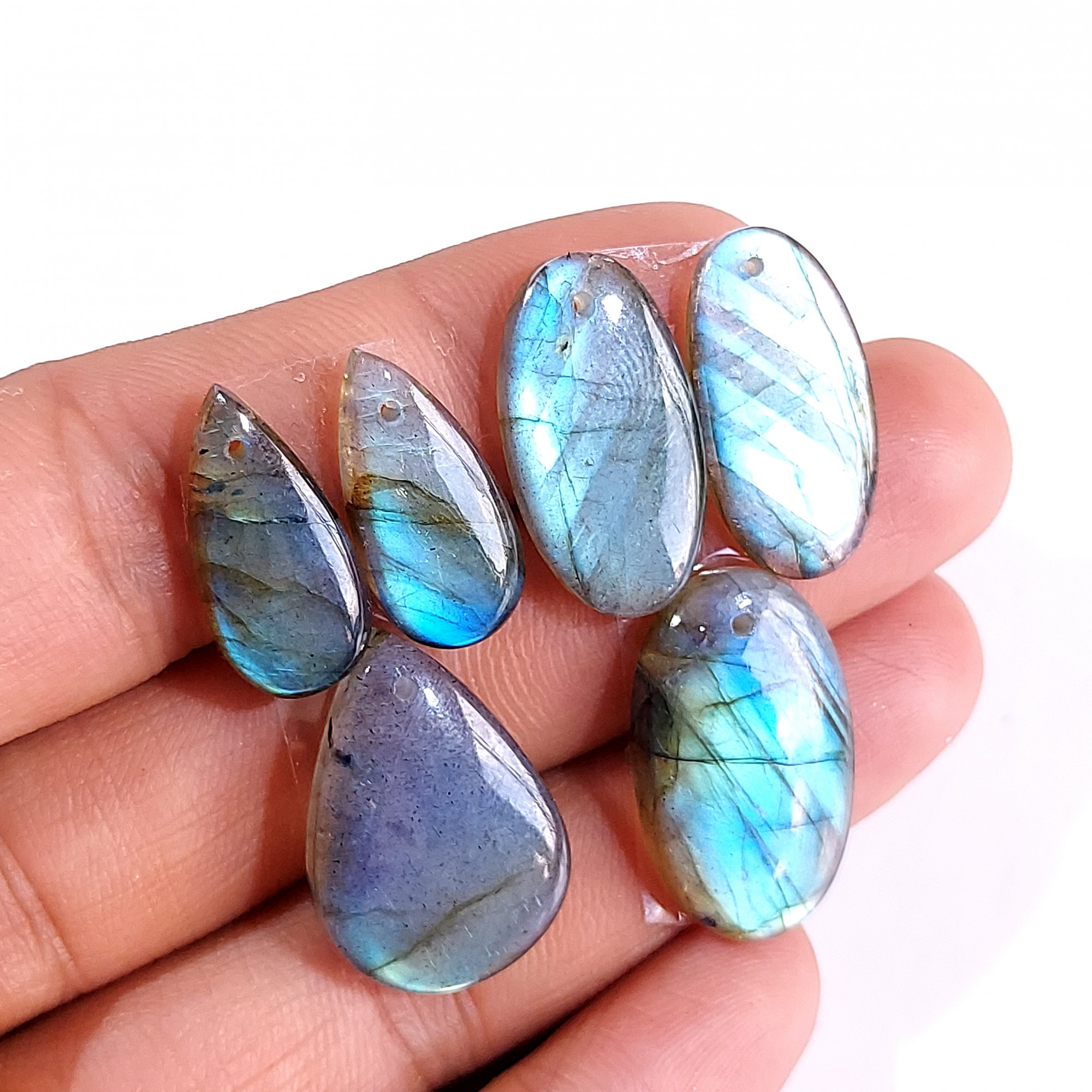 2 Sets 71 Cts Natural Multi Flash Labradorite 3 Pcs Set Front Drill For Earring and Pendant Making Gift For Women Silver Jewelry 15152