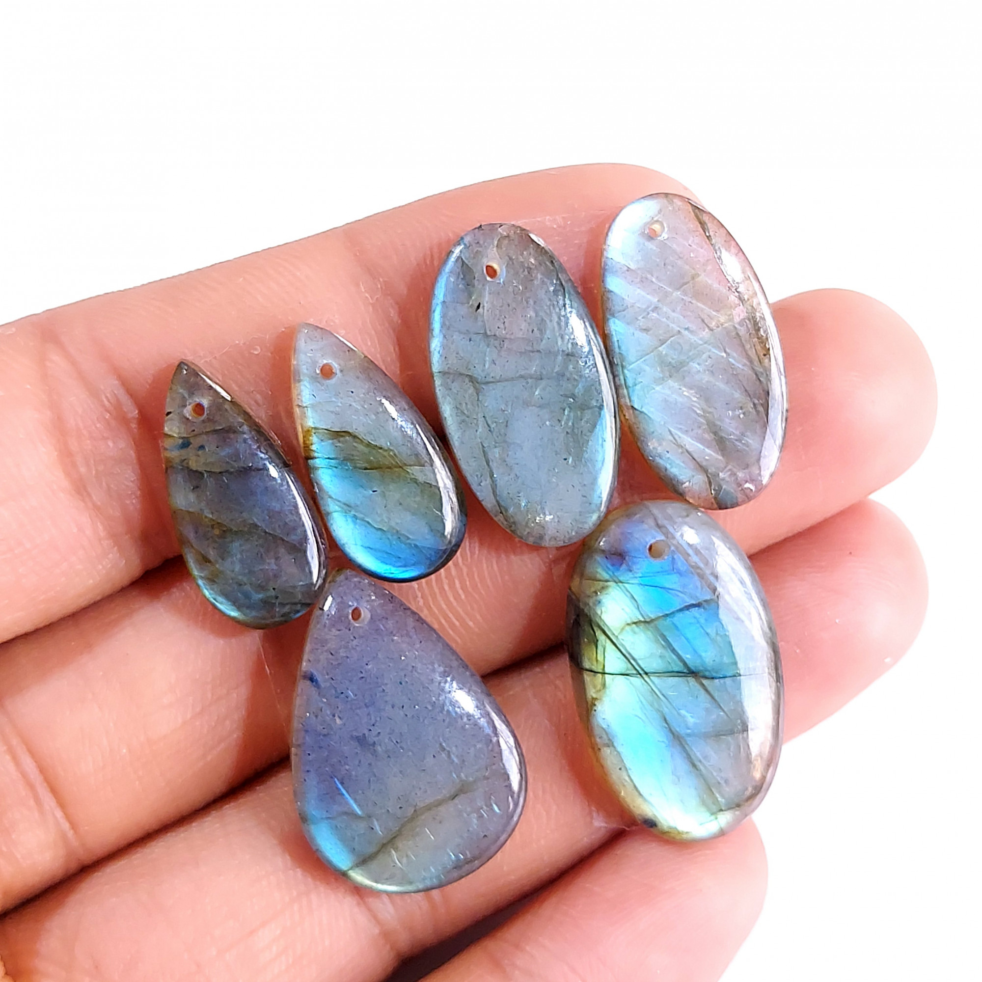 2 Sets 71 Cts Natural Multi Flash Labradorite 3 Pcs Set Front Drill For Earring and Pendant Making Gift For Women Silver Jewelry 15152