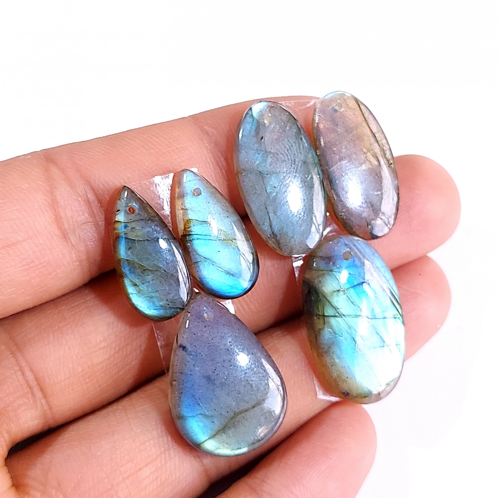 2 Sets 71 Cts Natural Multi Flash Labradorite 3 Pcs Set Front Drill For Earring and Pendant Making Gift For Women Silver Jewelry 15152