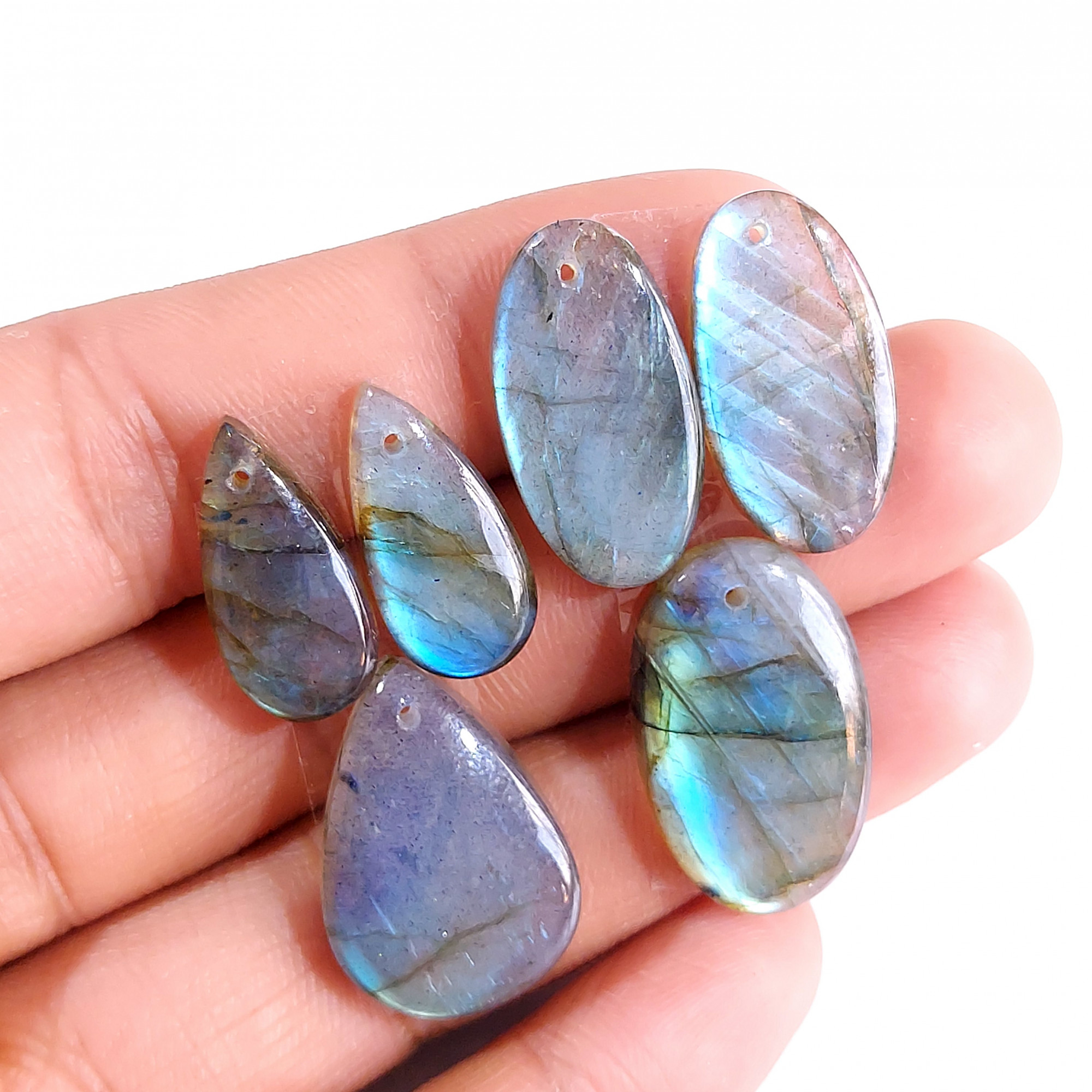 2 Sets 71 Cts Natural Multi Flash Labradorite 3 Pcs Set Front Drill For Earring and Pendant Making Gift For Women Silver Jewelry 15152