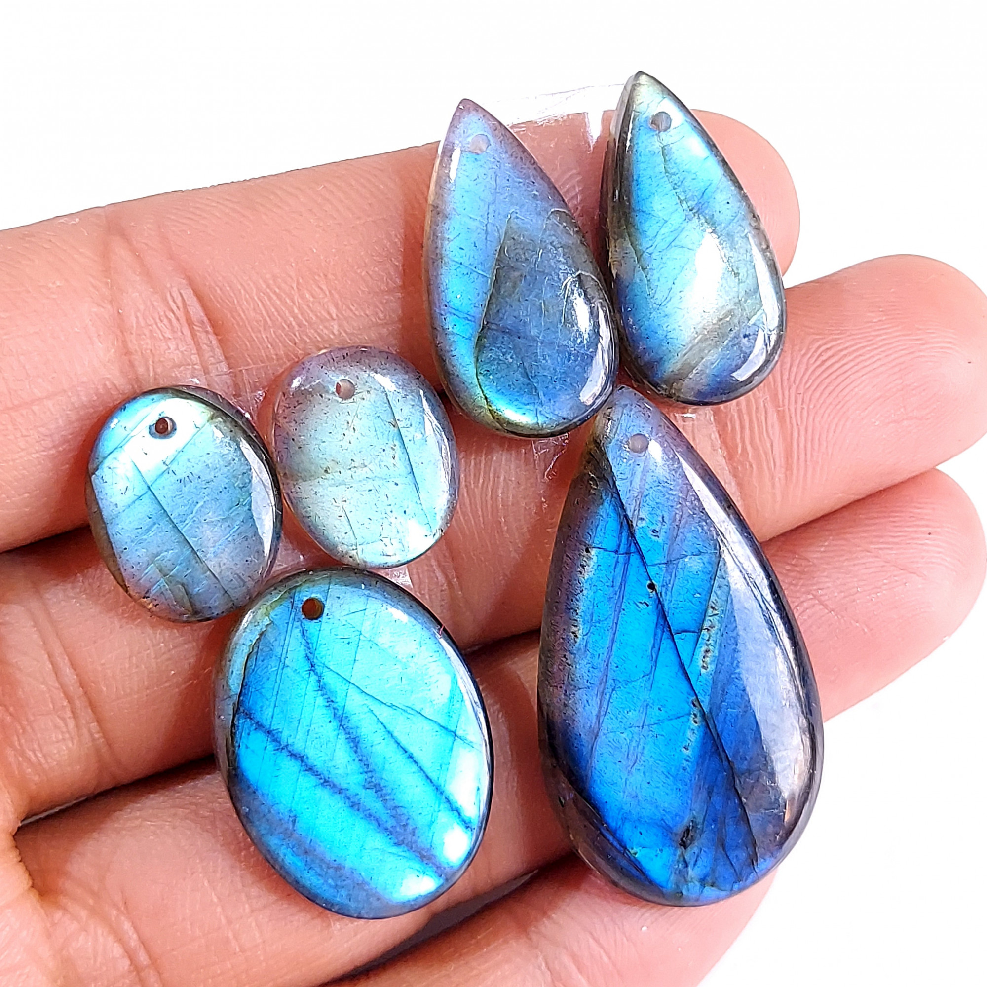 2 Sets 95 Cts Natural Multi Flash Labradorite 3 Pcs Set Front Drill For Earring and Pendant Making Gift For Women Silver Jewelry 15153