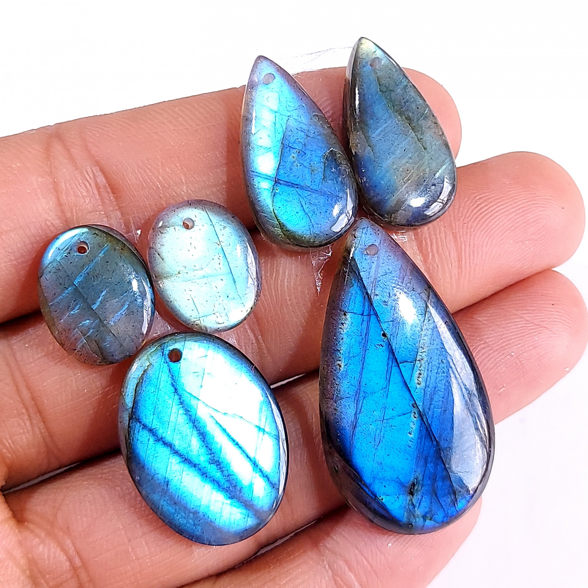 2 Sets 95 Cts Natural Multi Flash Labradorite 3 Pcs Set Front Drill For Earring and Pendant Making Gift For Women Silver Jewelry 15153