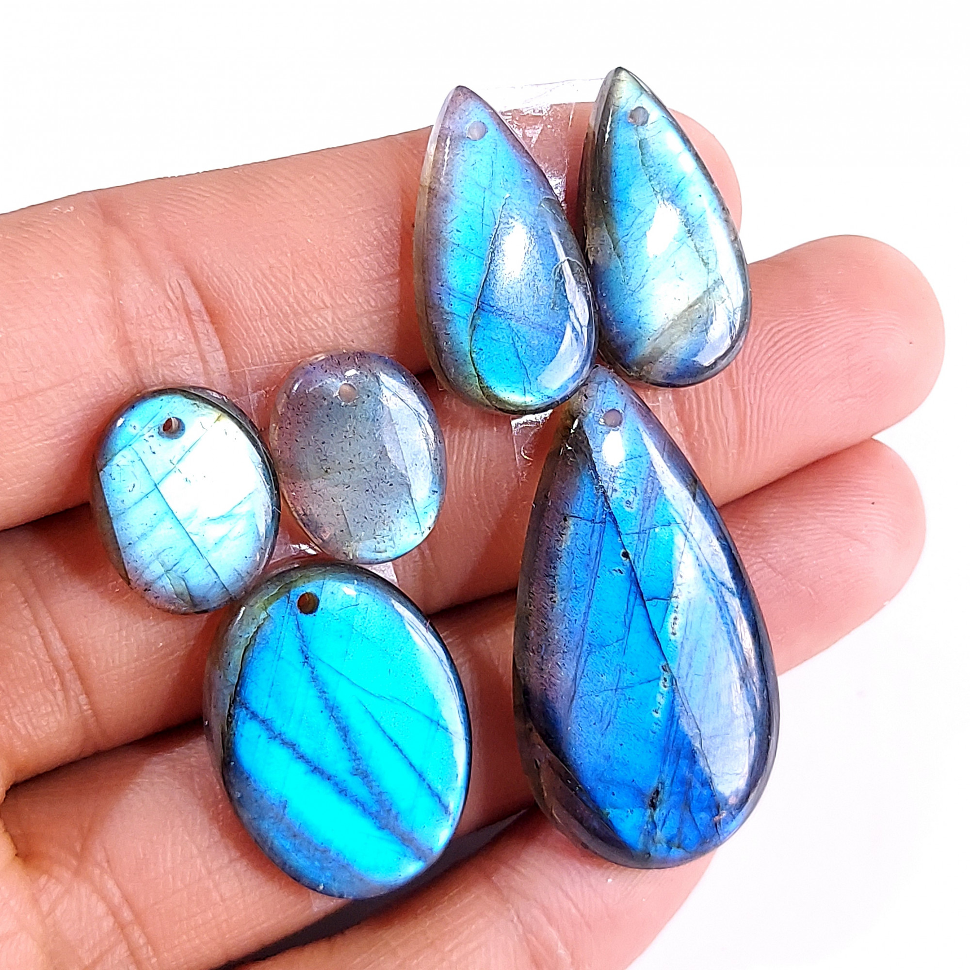 2 Sets 95 Cts Natural Multi Flash Labradorite 3 Pcs Set Front Drill For Earring and Pendant Making Gift For Women Silver Jewelry 15153