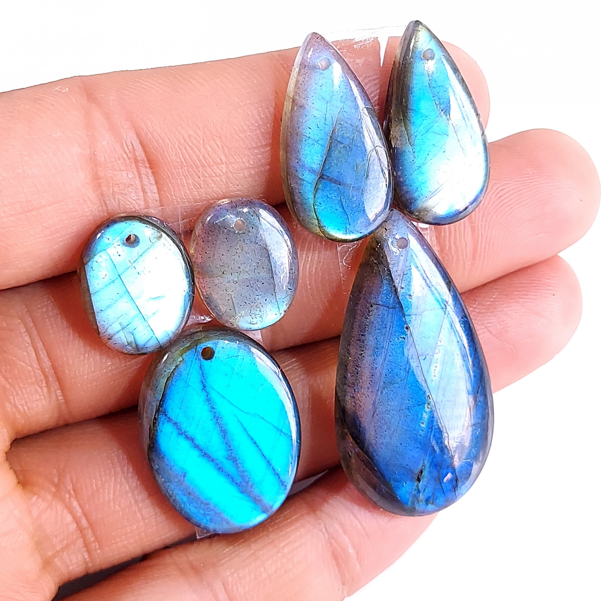 2 Sets 95 Cts Natural Multi Flash Labradorite 3 Pcs Set Front Drill For Earring and Pendant Making Gift For Women Silver Jewelry 15153