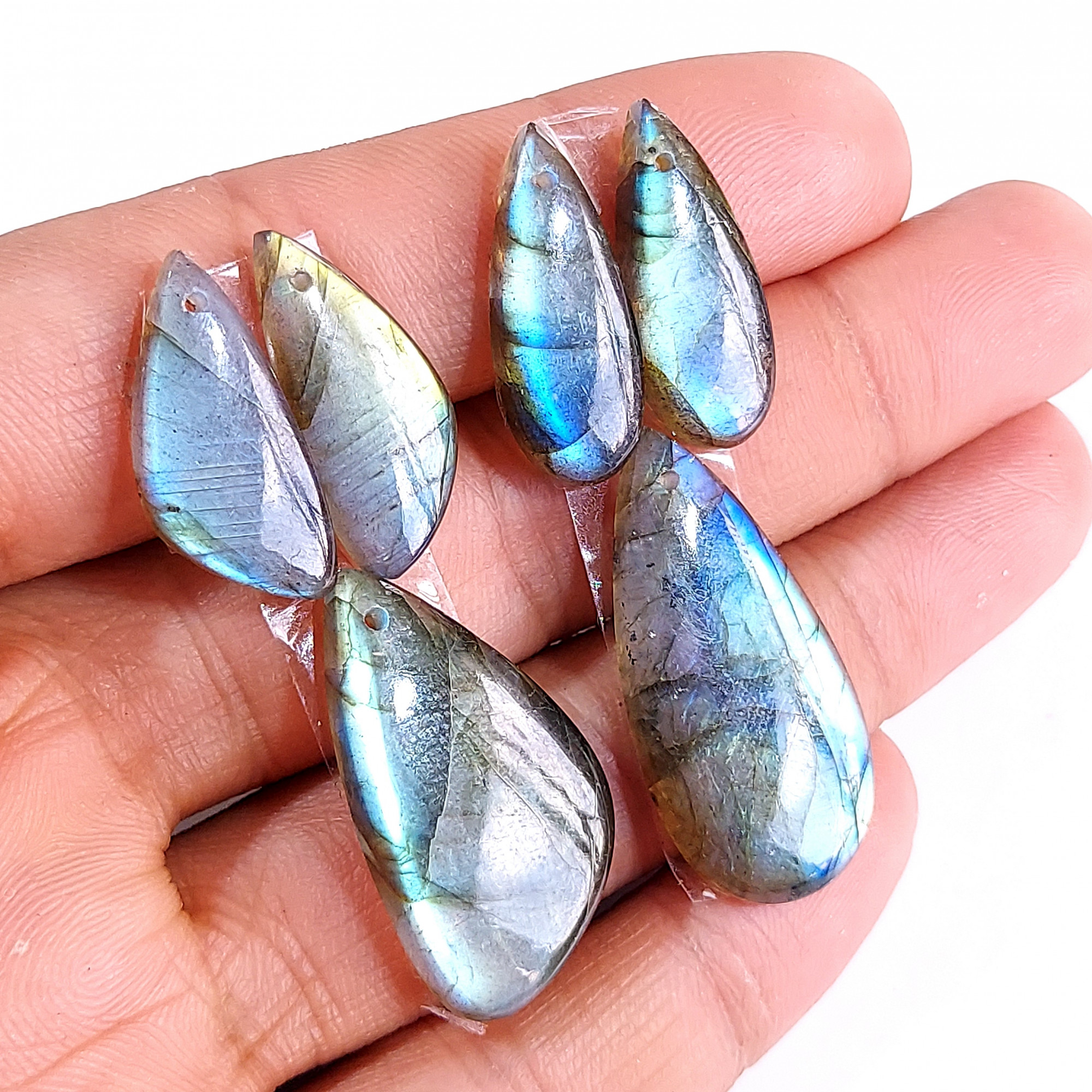 2 Sets 69 Cts Natural Multi Flash Labradorite 3 Pcs Set Front Drill For Earring and Pendant Making Gift For Women Silver Jewelry 15154