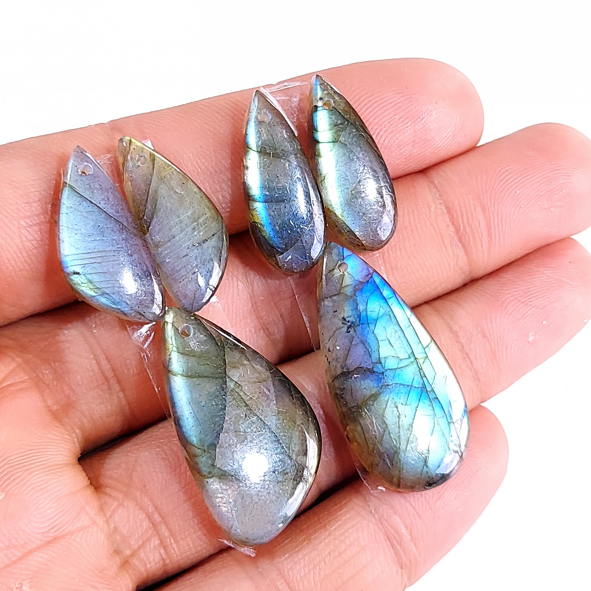 2 Sets 69 Cts Natural Multi Flash Labradorite 3 Pcs Set Front Drill For Earring and Pendant Making Gift For Women Silver Jewelry 15154